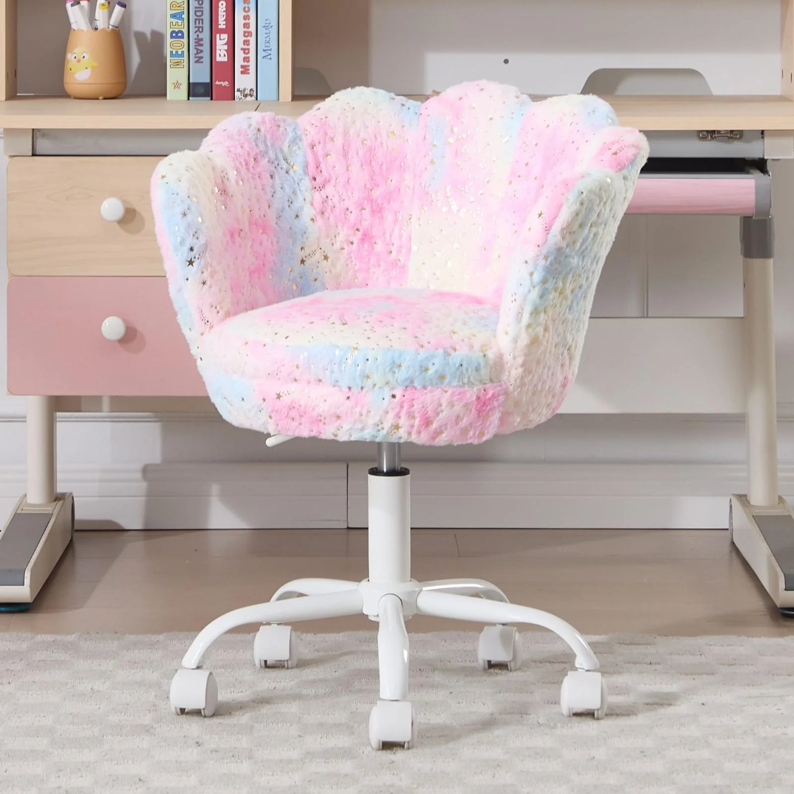 chairus Kinder Schreibtischstuhl Höhenverstellbar, Kunstfell Drehstuhl Blütenblatt Schminktisch Stuhl, Bequemer Bürostuhl ergonomisch für Kinder Mädchen, Buntes Rosa
