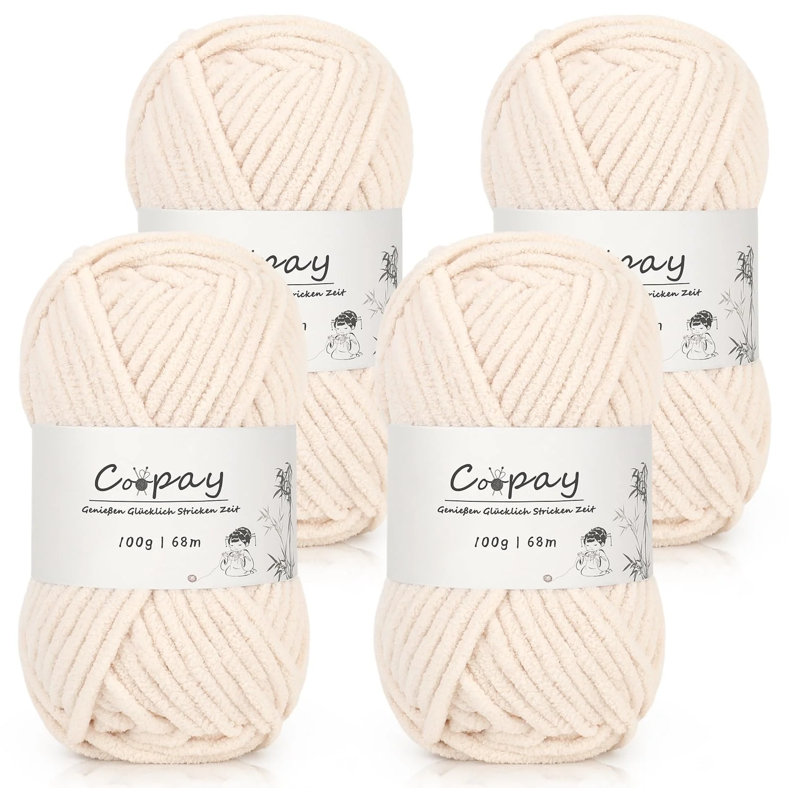 Coopay Chenille Chunky Wolle zum Häkeln Dickes Garn, 4 x 100g Dicke Wolle zum Stricken, Super Flauschig Weiches Wolle für Babydecke, Grobes Chenille-Garn für Decken, Schals, Taschen - Hautfarbe
