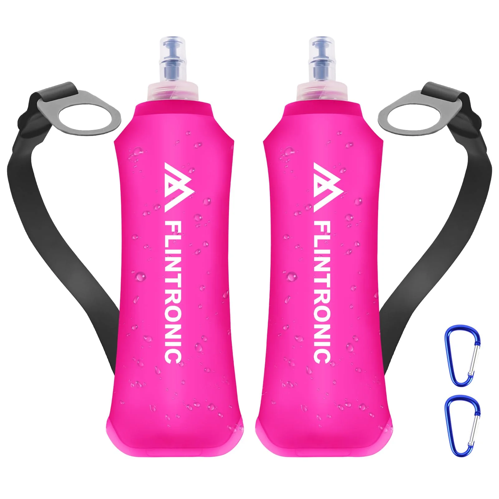 flintronic TPU Faltbarer Trinkflaschen, 2 Stück 250ml Soft Flask mit Handschlaufe und Karabiner, BPA-Frei Sportflasche für Trinkrucksack, Fahrrad, Wandern, Joggen,Camping und Klettern (Rosa)