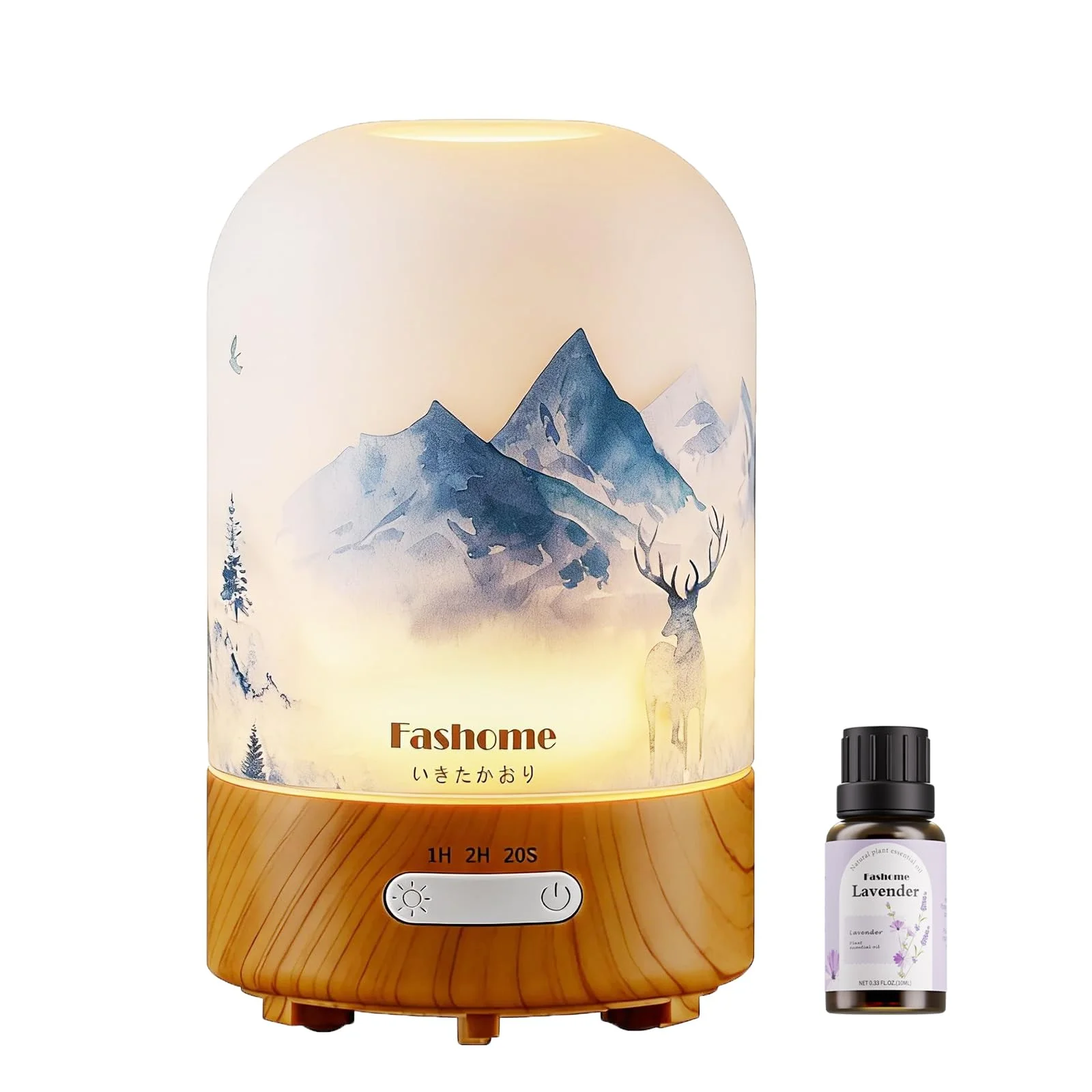Fashome Aroma Diffuser 100ml Glas handgefertigt, Winter-Design Rentier, Inkl. 10ml Lavendel-Öl, Ultraschall Diffusor für ätherische Öle, Leise Luftbefeuchter Warmlicht & Abschaltautomatik, Geschenk