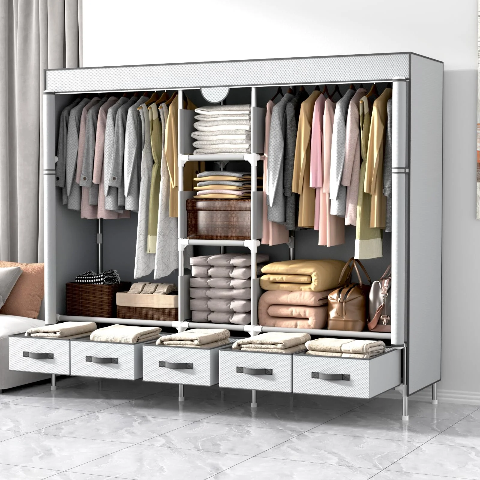 Anmas Power Kleiderschrank,Schlafzimmer Stoffschrank,Kleiderstander mit Schubladen,Faltbar Garderobe mit 2 Kleiderstange