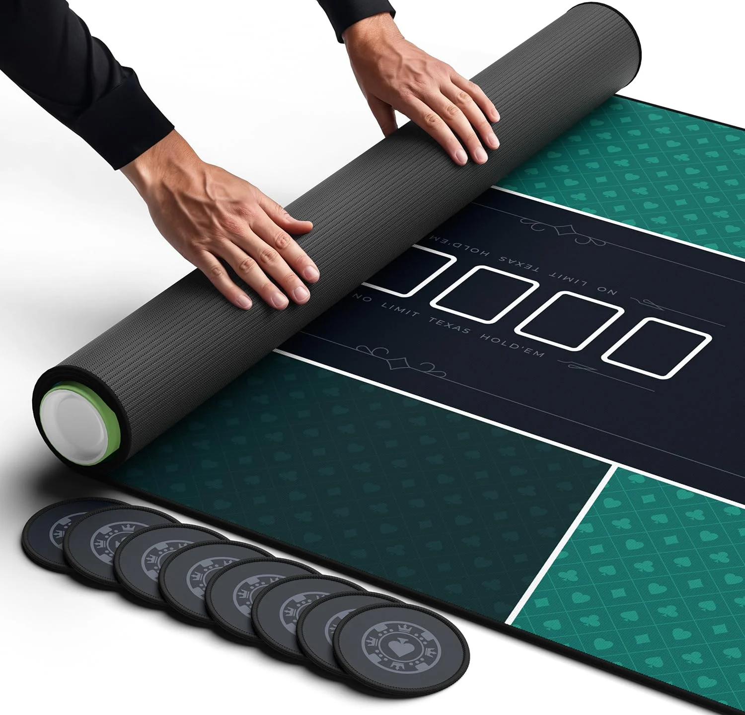 Newverest Tischauflage Texas Hold’em 180 x 90 cm – Casino Poker Matte für bis zu 10 Spieler, Spielabende zu Hause | Poker Matte mit Reißverschlusstasche, 8 Untersetzer & Geschenkbox