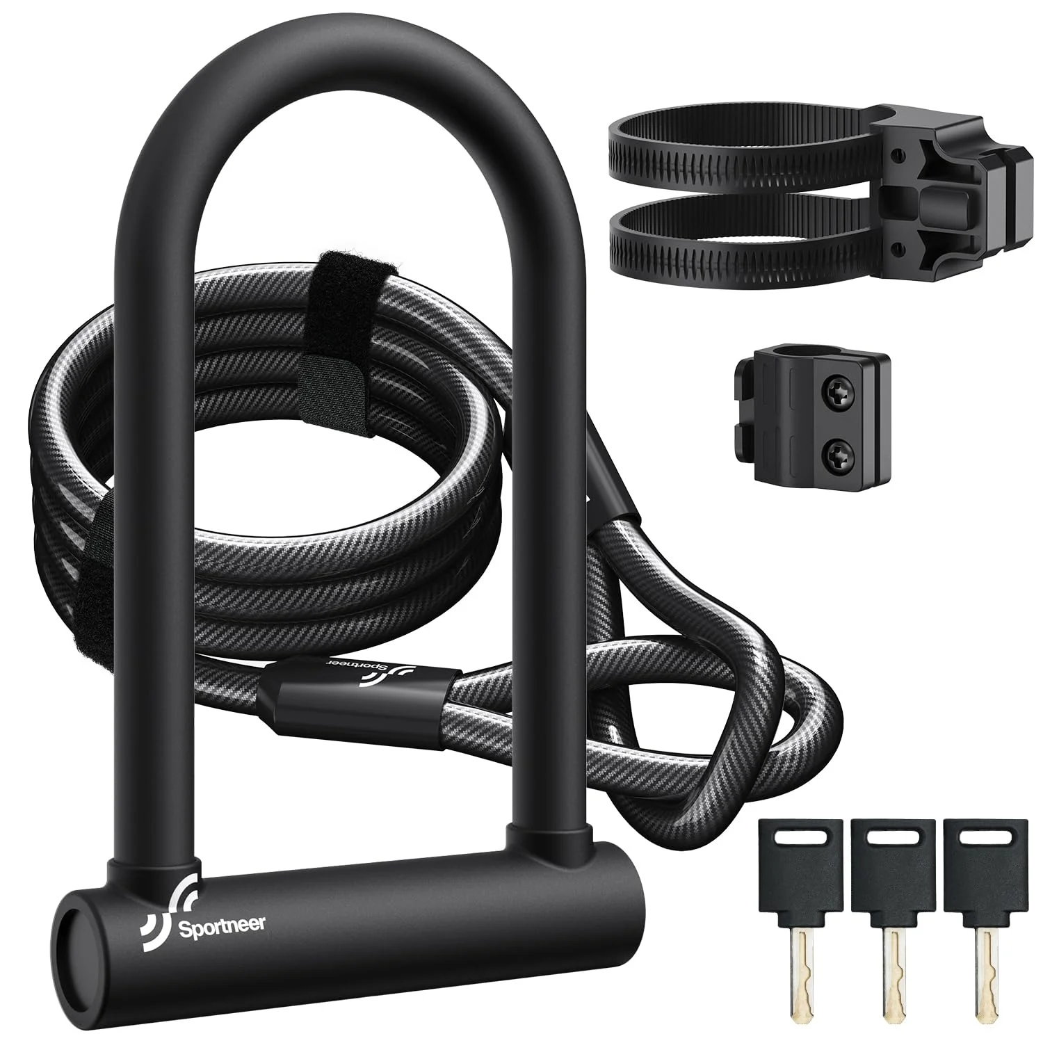 Sportneer Fahrradschloss 18mm Hochbelastbar Bügelschloss mit 180CM Hochsicherheits-Stahlkabel Stabile Halterung Schlüssel Anti-Diebstahl sichere Schlösser für Rennrad E-Bike, 25 x 16cm