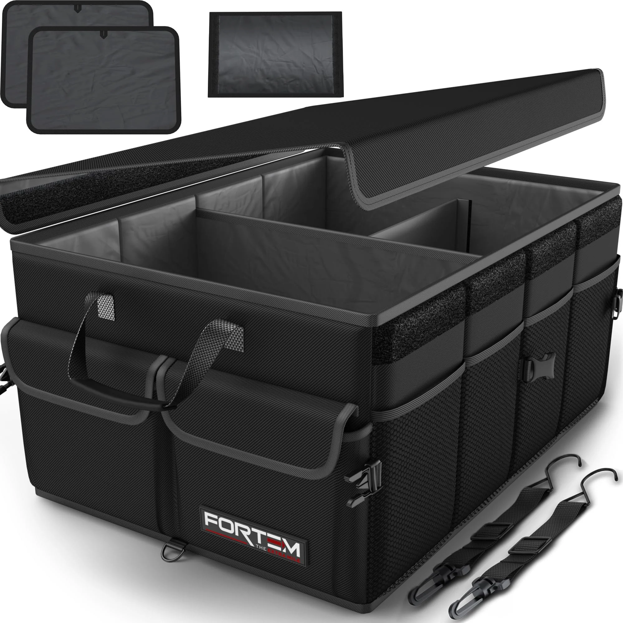 FORTEM Kofferraum Organizer Auto -Zusammenklappbarer Auto Organizer Kofferraum Mit Fächern- Kofferraumtasche Klett mit Rutschfestem Boden -Verstellbare Sicherungsriemen- Klappbarer Deckel (50L)