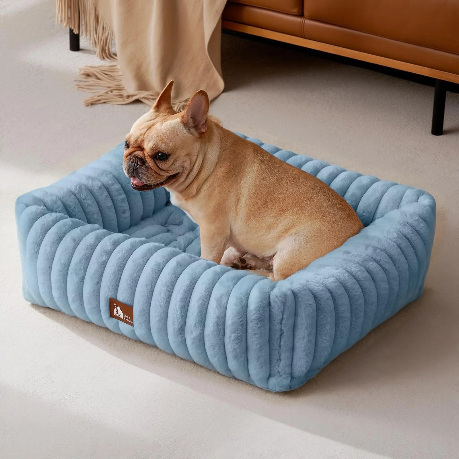 Upvilla Luxusweicher Hundekorb, Katzenbett, Super Weiches Hundebett kleine Hunde, 4-seitiges Nackenkissen, Abnehmbare Waschbare Hundematte, Hundesofa mit Griffen, Haustierbe (Blau, 64 * 53 * 18cm)