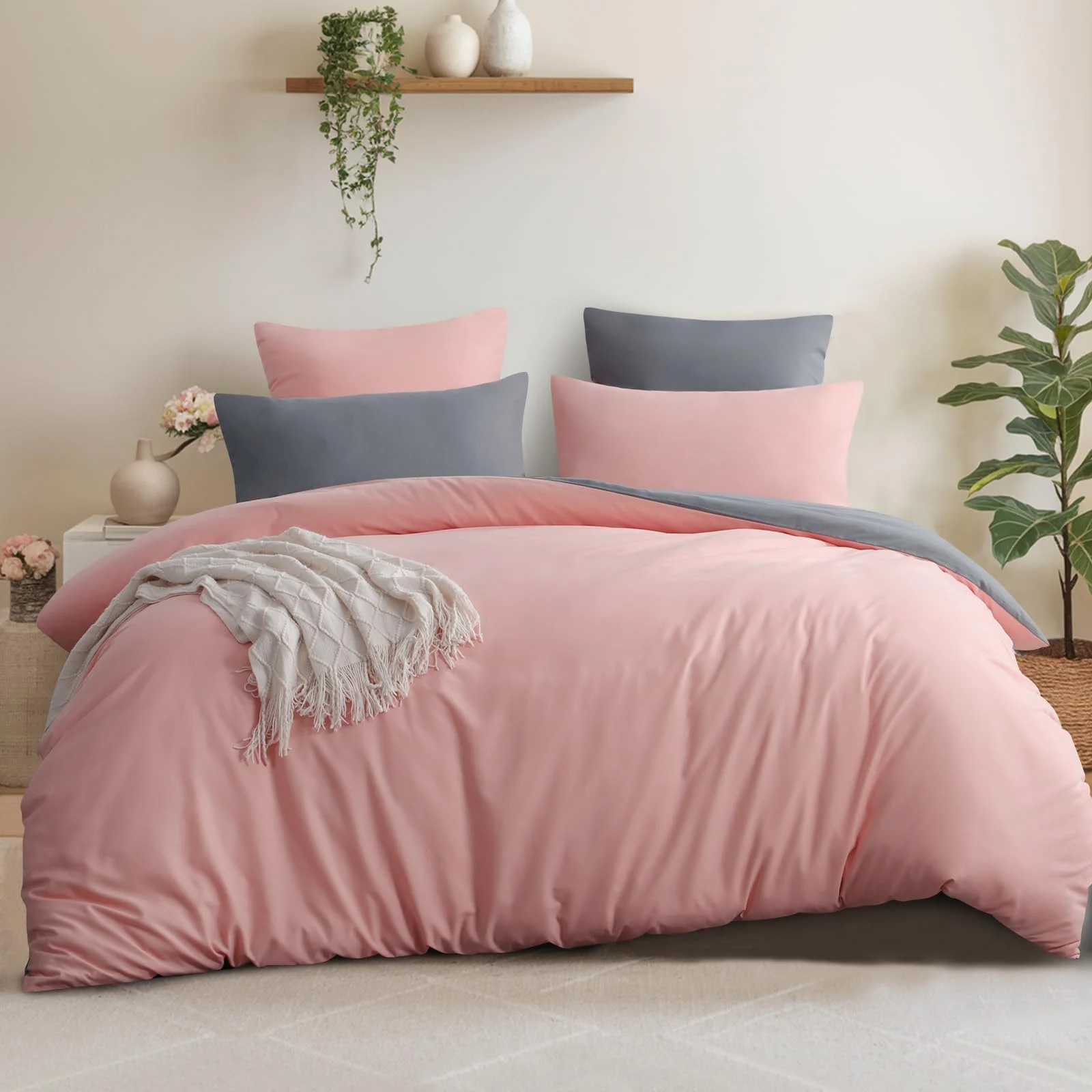 Aisbo Bettwäsche 200x220 3teilig Rosa Grau - Bettwäsche Sets 1 Bettbezug 200x220 cm + 2 Kissenbezüge 80x80 cm, ÖKO-TEX Wendebettwäsche Weich Mikrofaser mit Reißverschluss
