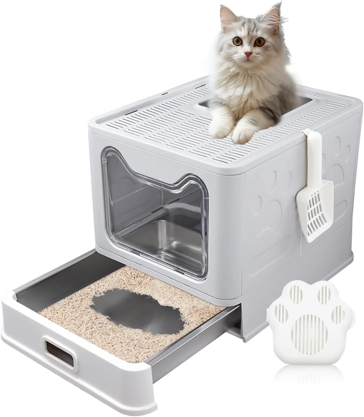 Edelstahl Katzenklo XL mit Haube - Hygienische Katzentoilette mit Schublade, Anti-Geruch & Kratzfest, Große Katzentoilette Geschlossen für Große Katzen, Inkl. Aktivkohlefilter, Grau-Basis