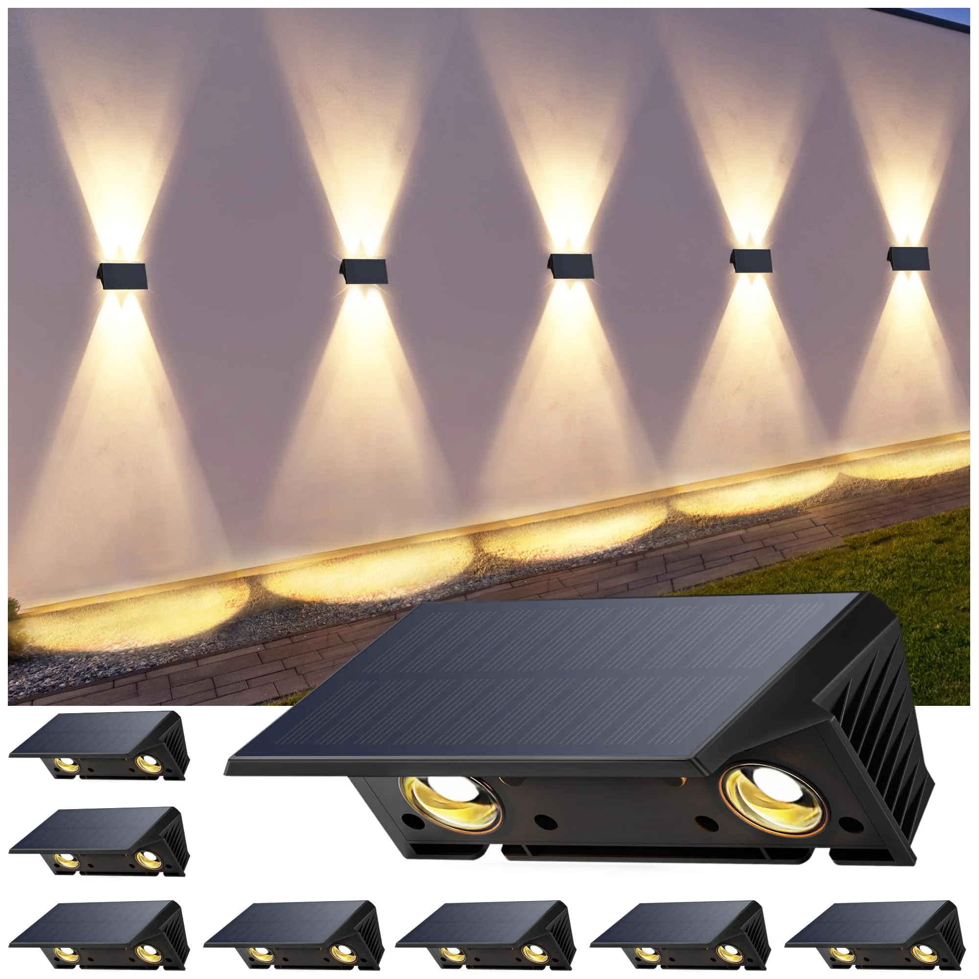 IIRARA wandleuchte solar außen solar wandleuchte aussen solarlampen Nach Oben und Unten Beleuchtet 4 LEDs IP67 Wasserdichte Solarleuchte für Garten Balkon Terrasse Treppen Warmweiß 8er