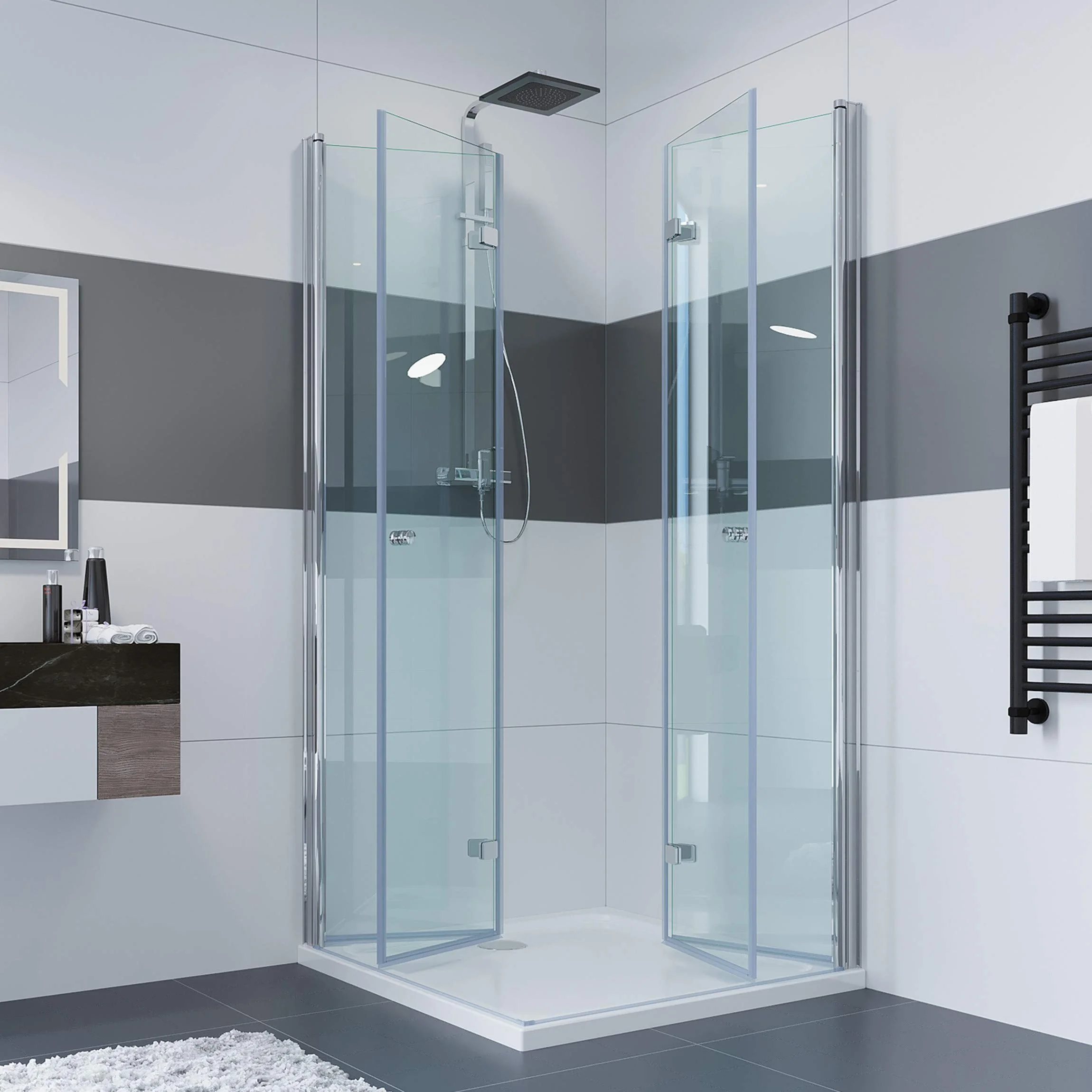 IMPTS 70 x 90 x 185 cm Duschkabine Eckeinstieg Doppel Falttüren 180º Eckig Dusche Duschwand Duschabtrennung