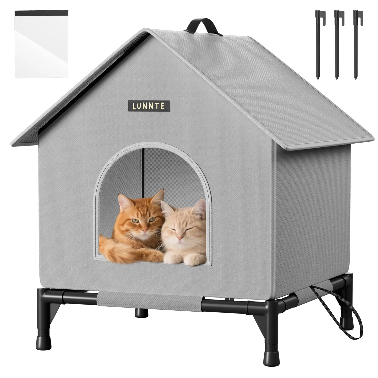 Wasserdichtes Outdoor Katzenhaus, Robustes 4-Jahreszeiten Katzenhäuschen mit erhöhtem Stand, Wetterfestes Tierheim mit Türvorhang für Katzen & Kleine Hunde, Streuner (XL, Grau)