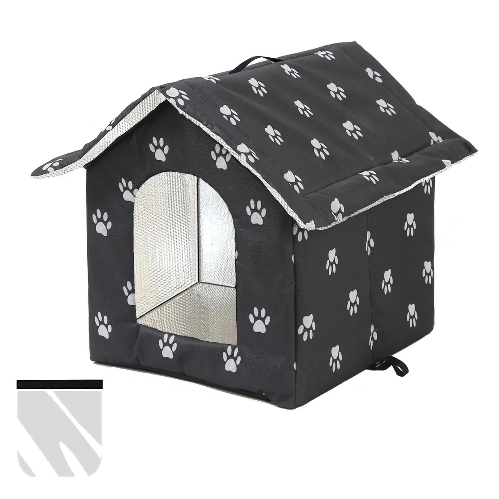 Katzenhaus Outdoor Winterfest, Katzenhöhle für Draußen, Katzenhaus Für Draußen Wasserdicht, Kombiniert isolierte Aluminiumfolie Mit abnehmbarem Transparentem Vorhang (L, Black)
