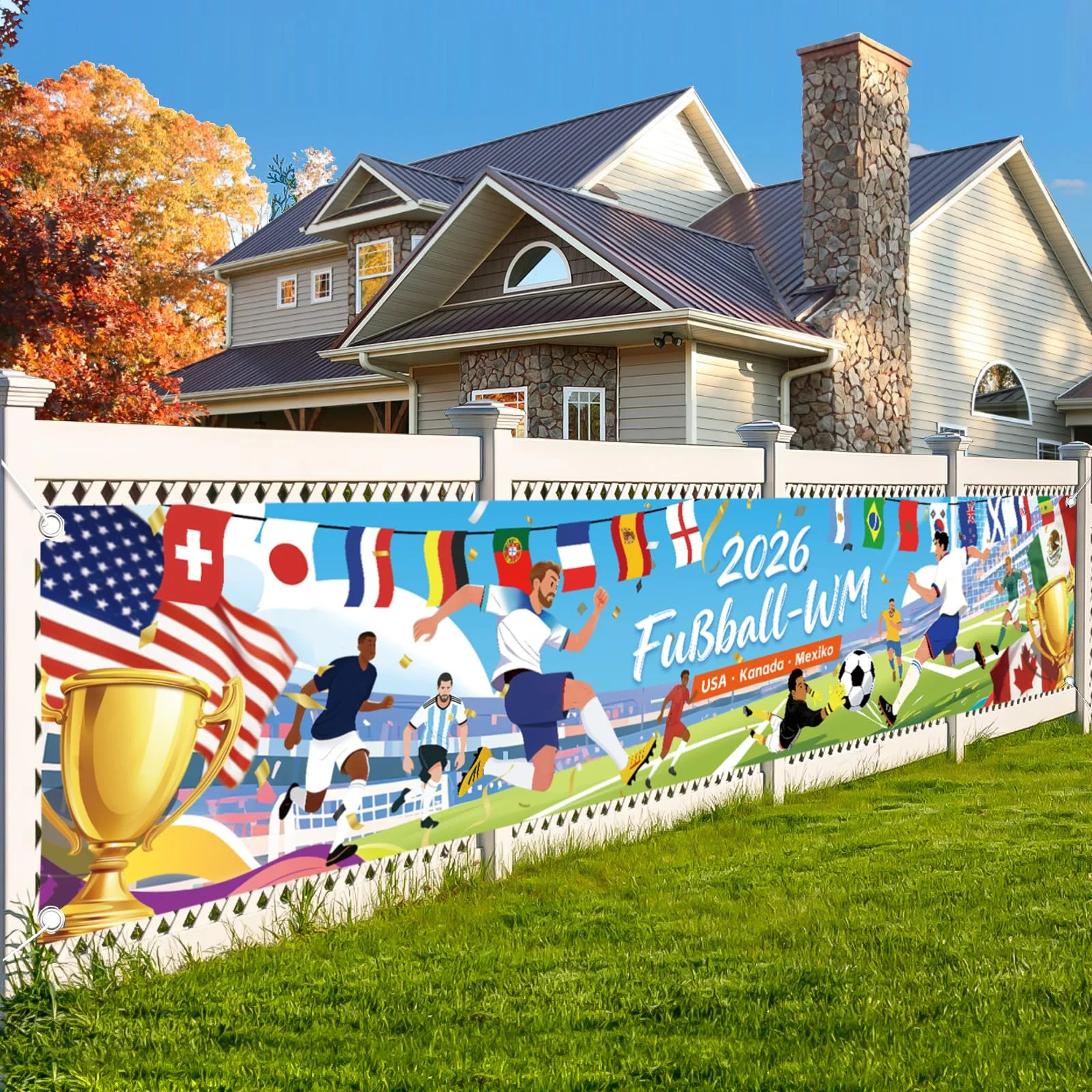 AhfuLife 2026 Fußball Banner 300 x 60cm für WM Deko, Extra Große Fussball Weltmeisterschaft banner Deko für WM Fußball Fans Party Garten Haus Bar Dekoration (Stil 1)