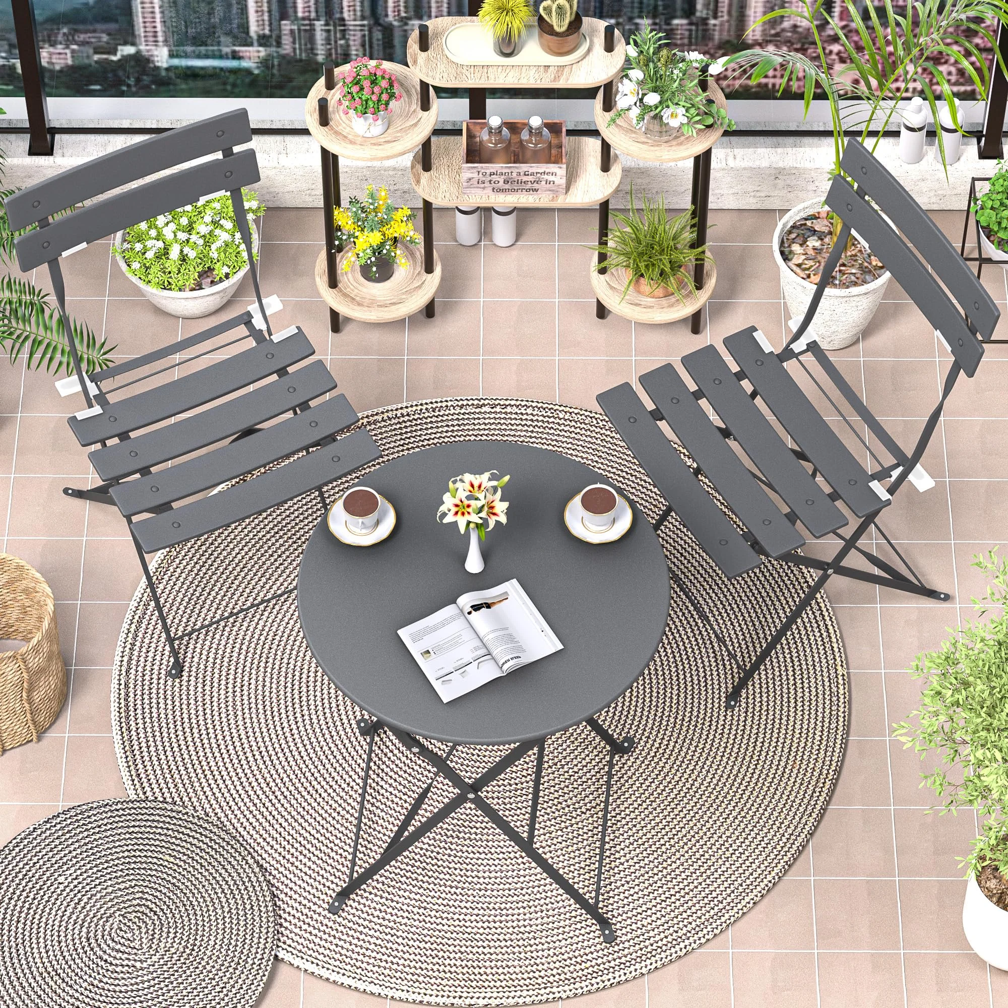RELAX FIELD Gartenmöbel Set Wetterfest, Balkonmöbel Set 3 Teilig für Kleinen Balkon, Bistrotisch mit 2 Stühlen, Bistro Set Klappbar, Grau