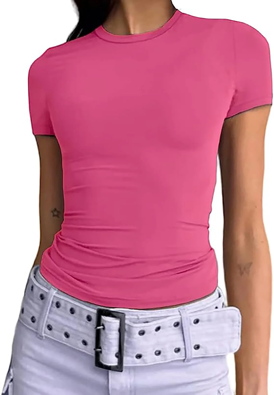 Damen Bauchfrei T-Shirt | Frauen Basic Kurzarm Crop Top | Y2K Casual Slim Fit Rundhalsshirt | Mode Trend Rosa/Blau/Braun | Damen legeres Oberteil