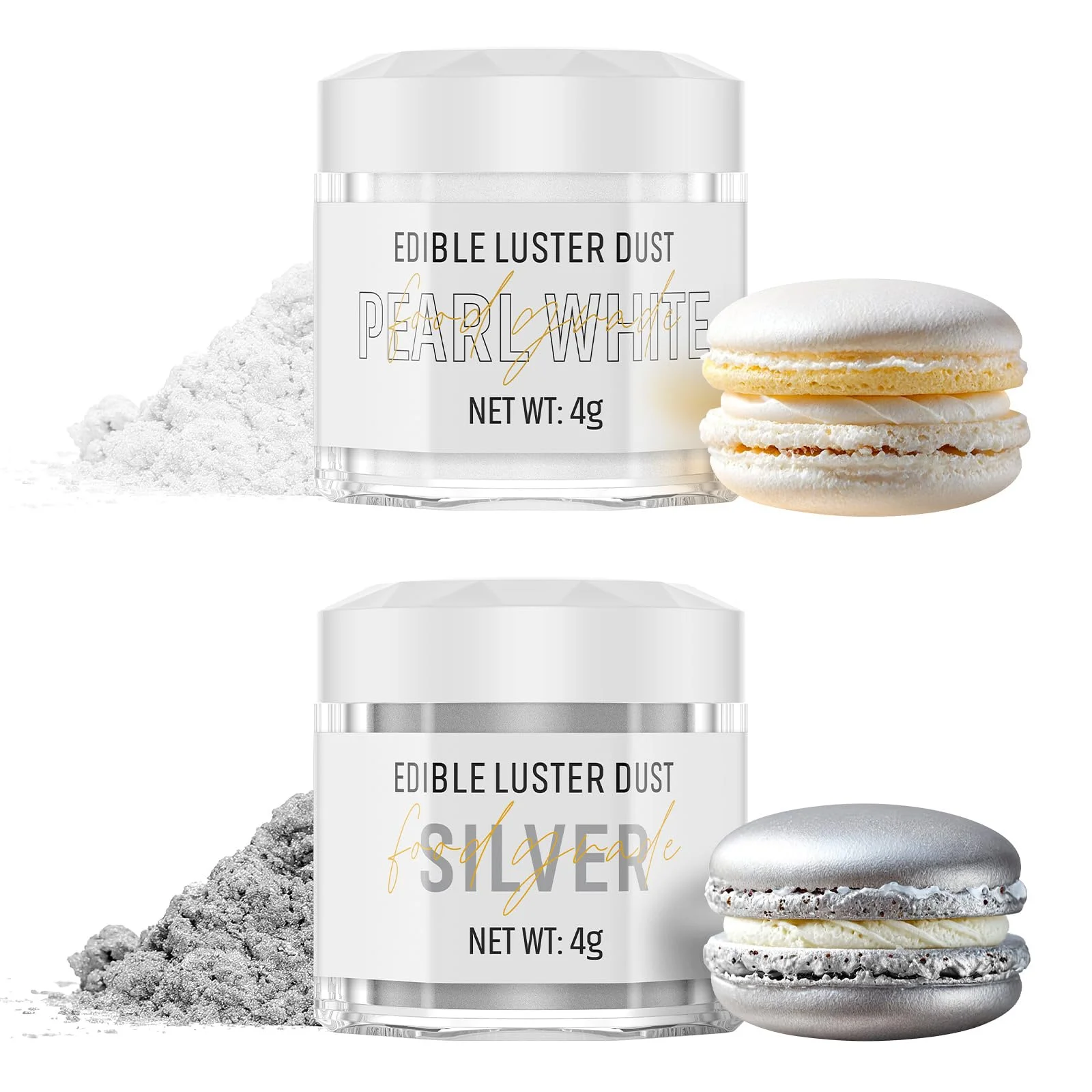 Essbarer Glitzer Set 2 Farben - Silber und Weiß Glitzerpulver für Getränke, Geschmacklos Essbare Glitzerpulver, Glitzer für Liköre, Cocktails, Champagner, Torten, Pralinen, Dessertdekorationen (2x4g)