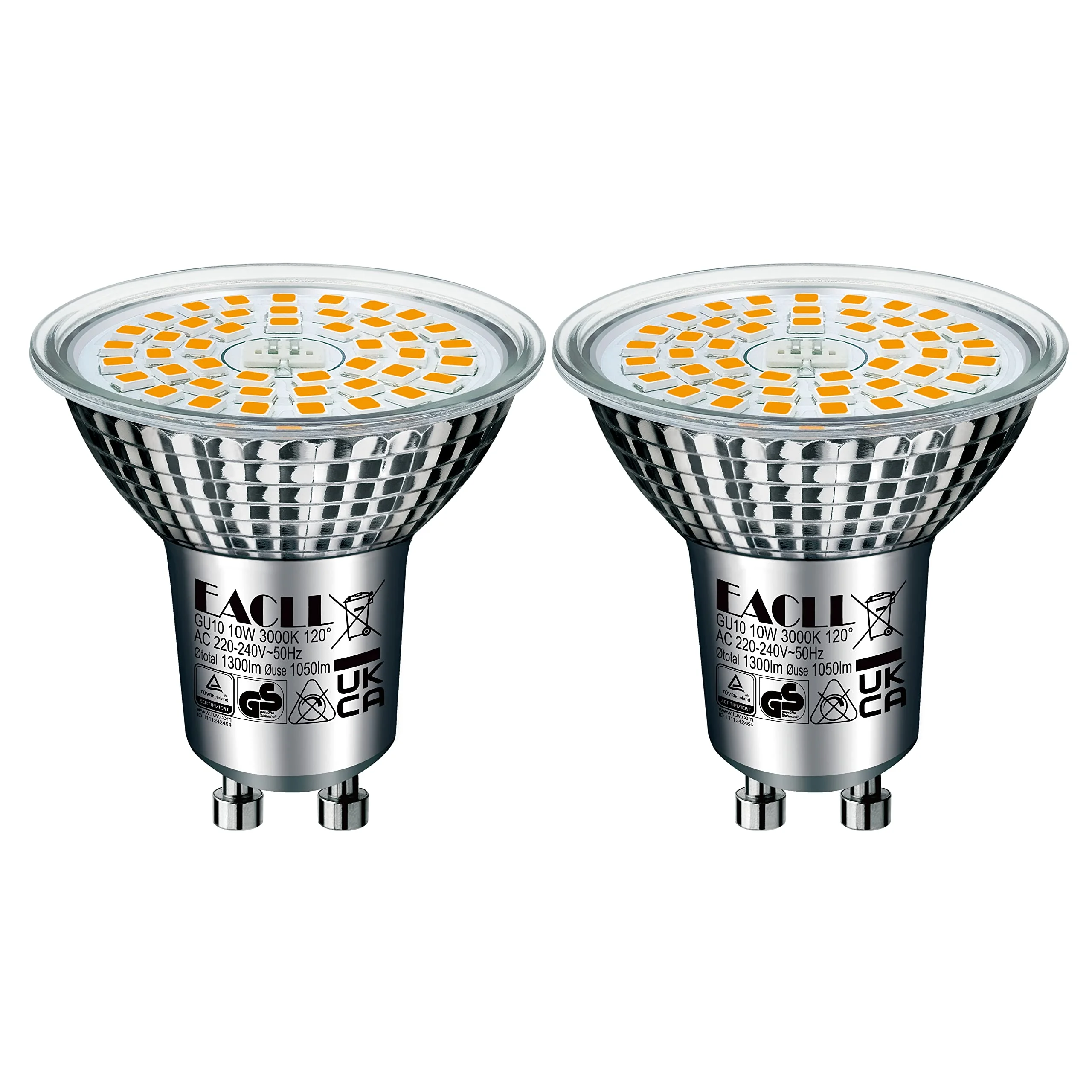 EACLL GU10 LED Warmweiss 10W Ersetzt 140W Halogen Leuchtmittel, 2er-Pack. 1050 Lumen 3000K Birnen, AC 230V Flimmerfrei Strahler, Abstrahlwinkel 120 Grad Spot, Nicht Dimmbar Ø50xH53mm Reflektorlampen