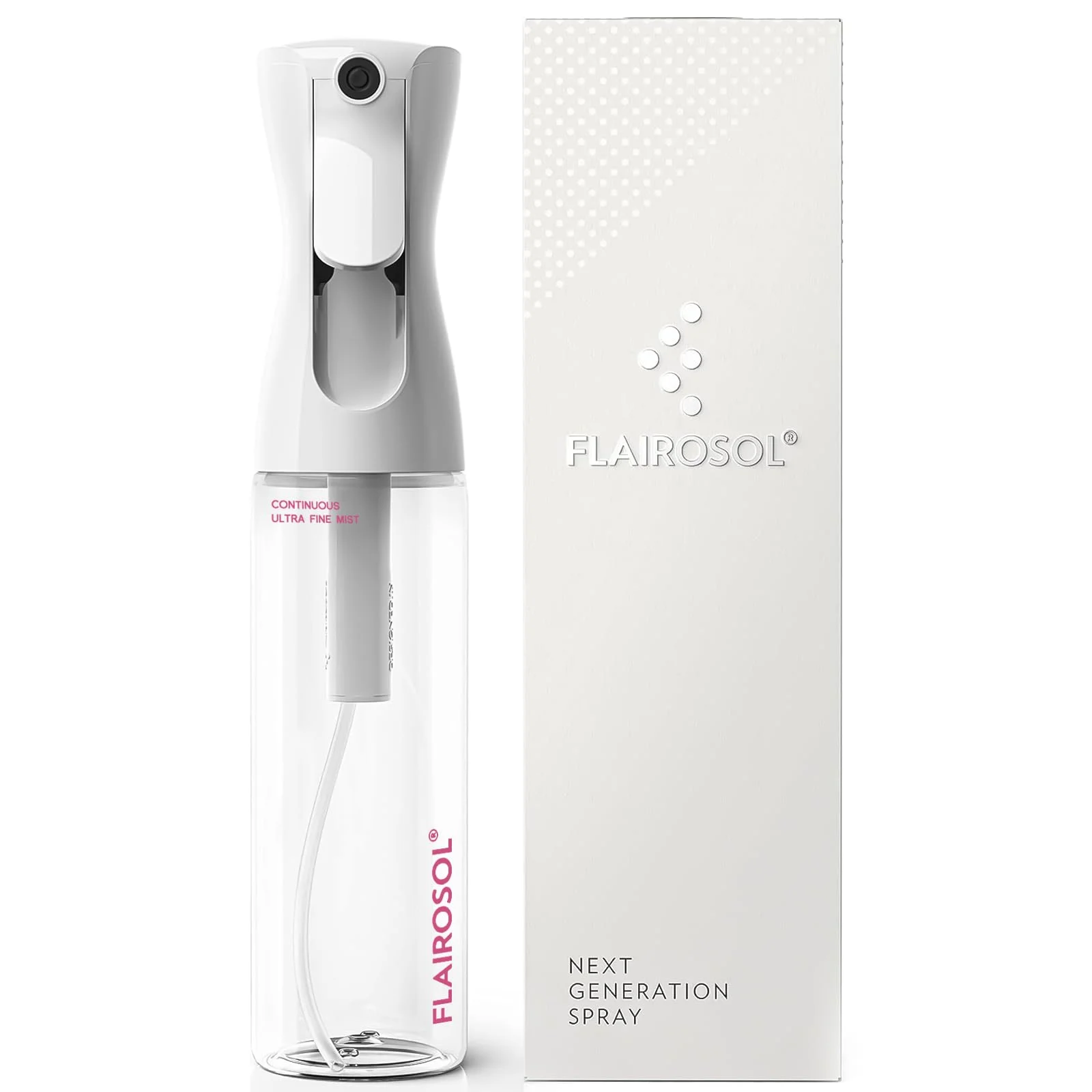 FLAIROSOL Das Original Sprüher, 300 ml Ultrafeiner Nebelsprüher, 0,3 mm feine Zerstäubung, Salon, Kunstpflege, Leises Sprühflasche, Originales Patentiertes Design (Transparent Flasche, rosa Aufdruck)