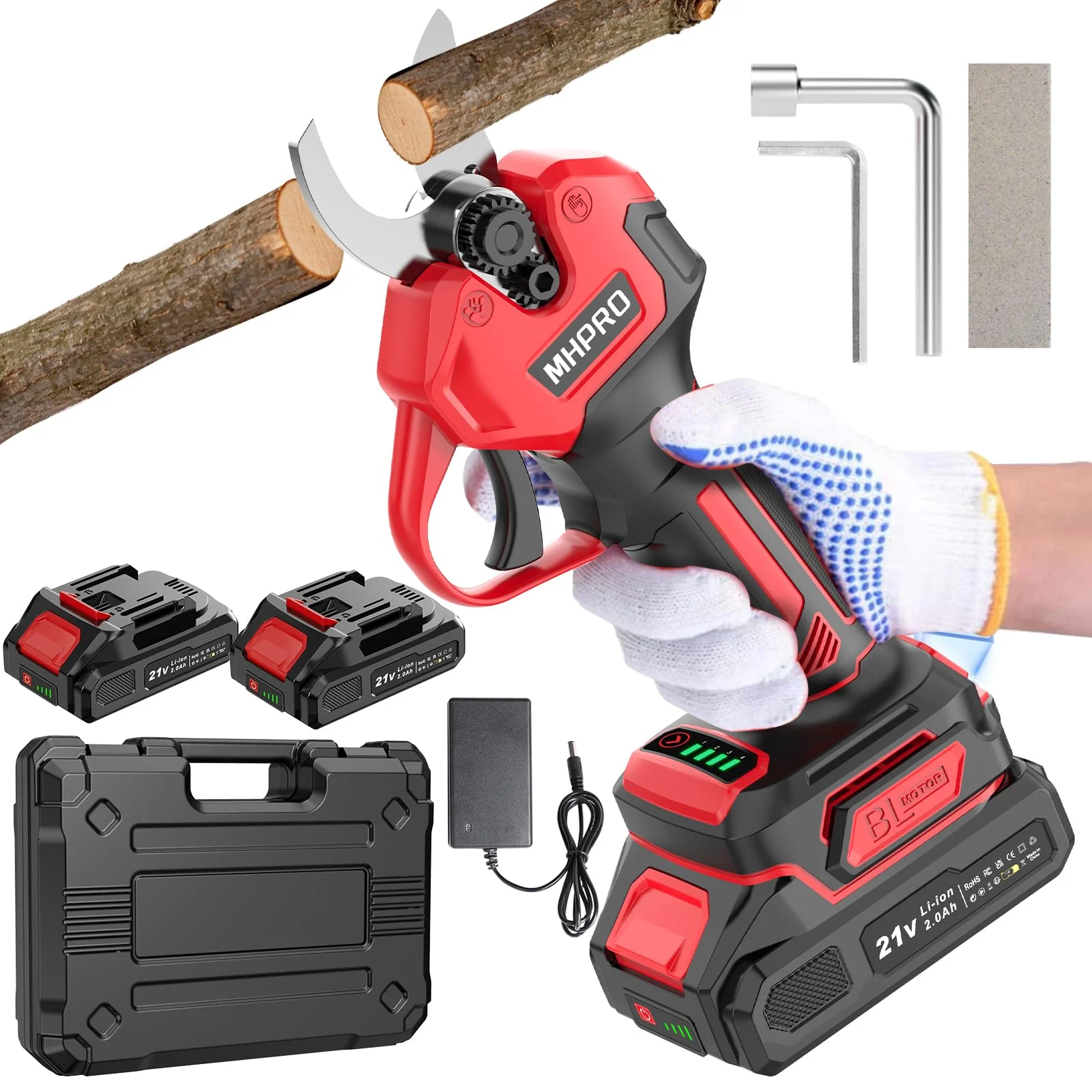 Akku Astschere, MHPRO 30MM Elektrische Gartenschere mit 2 Akkus 2000mAh, 600W Bürstenloser Motor Bypass Baumschere, Garten Schere mit LCD-Elektrische Baumschere-für Garten Äste Obstgärten, Rot