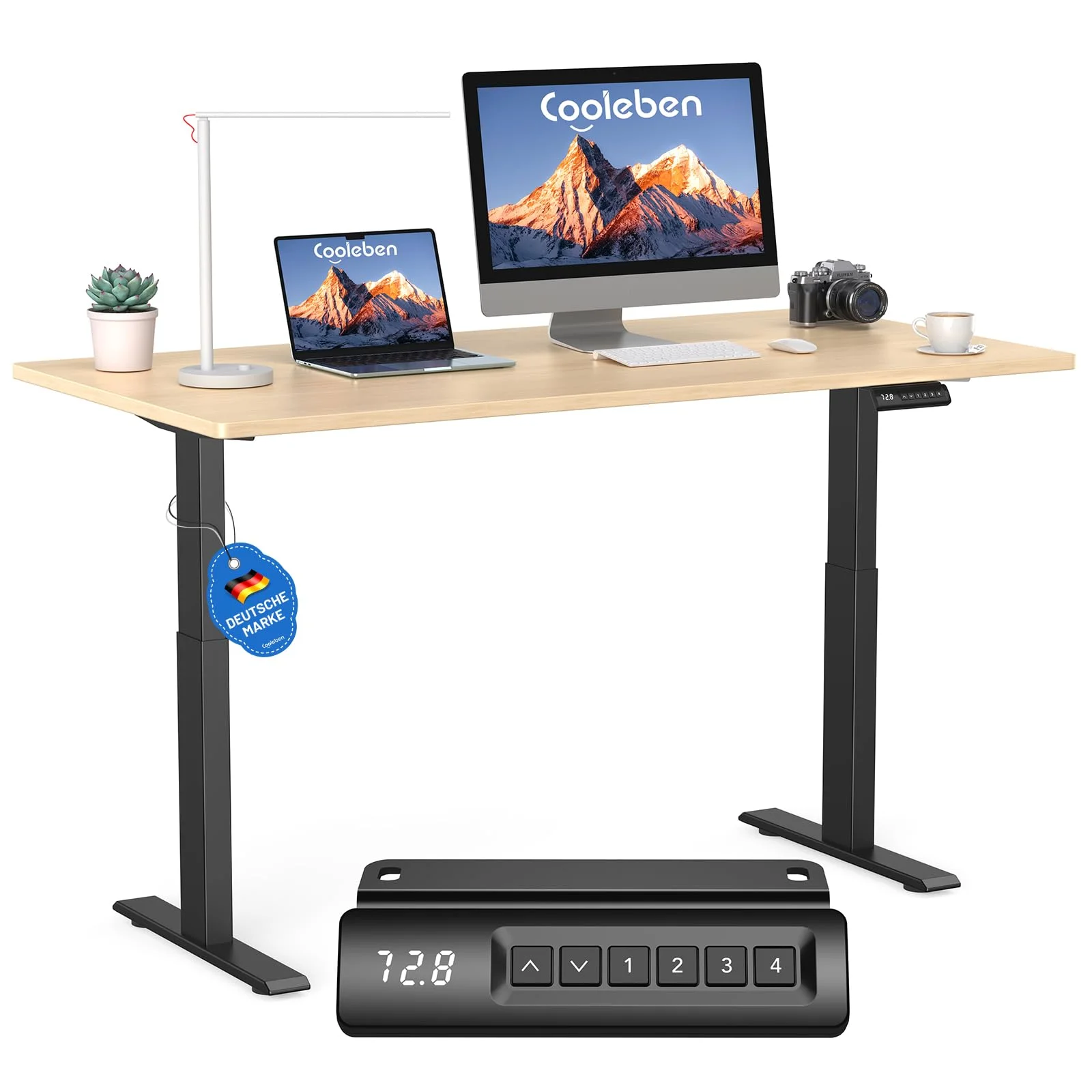 DeHong Höhenverstellbarer Schreibtisch mit 2 Motoren, 25 mm starker, einteiliger Tischplatte, mobiler elektrischer Computertisch – perfekte Ergonomie für Ihr Büro (Beige+Schwarz Frame, 140cm*70cm)