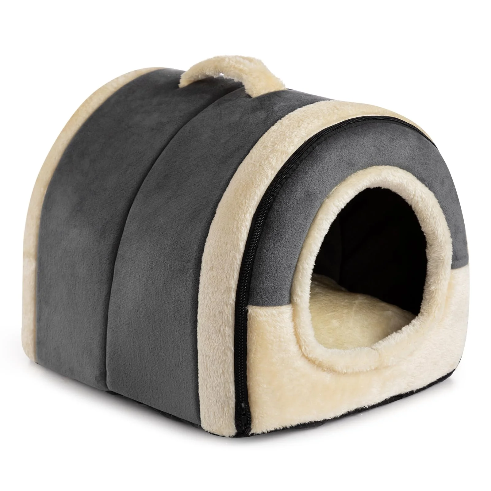 Hollypet Katzenbett Kleines Hundebett, 2-in-1 Faltbare Haustierbett für Katzen & Kleine Hunde, Warmes Höhlennest Kristallsamt-Katzenhöhle Indoor Outdoor, Dunkelgrau