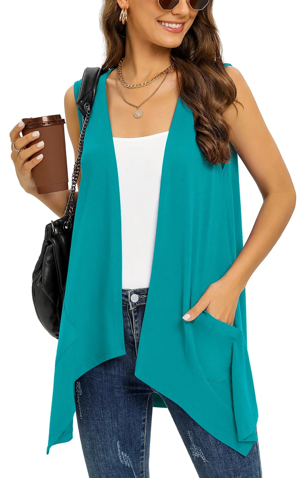 Wiwclo Veryoung Trendy Sleeveless Cardigans for Women Lightweight Vest with Pockets Casual Soft Knit Open Front Cardigan High Low Hem