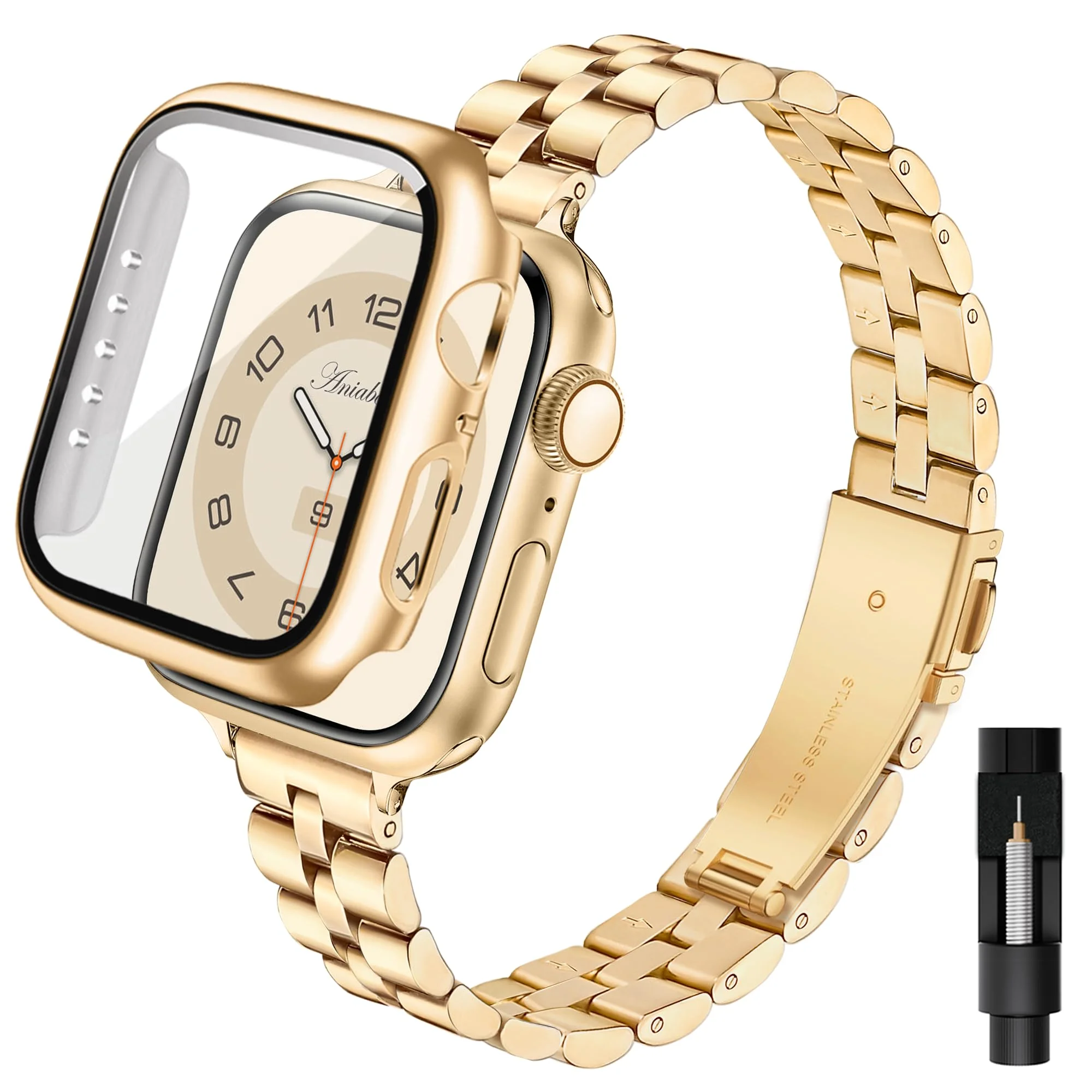 Aniaboho Kompatibel mit Apple Watch Armband Gold 45mm mit Schutzhülle, Ersatz Edelstahl Metall iWatch Armband Damen mit Hülle für Apple Watch Series 9 8 7 45mm, Schmuck für Fraue(Gold)