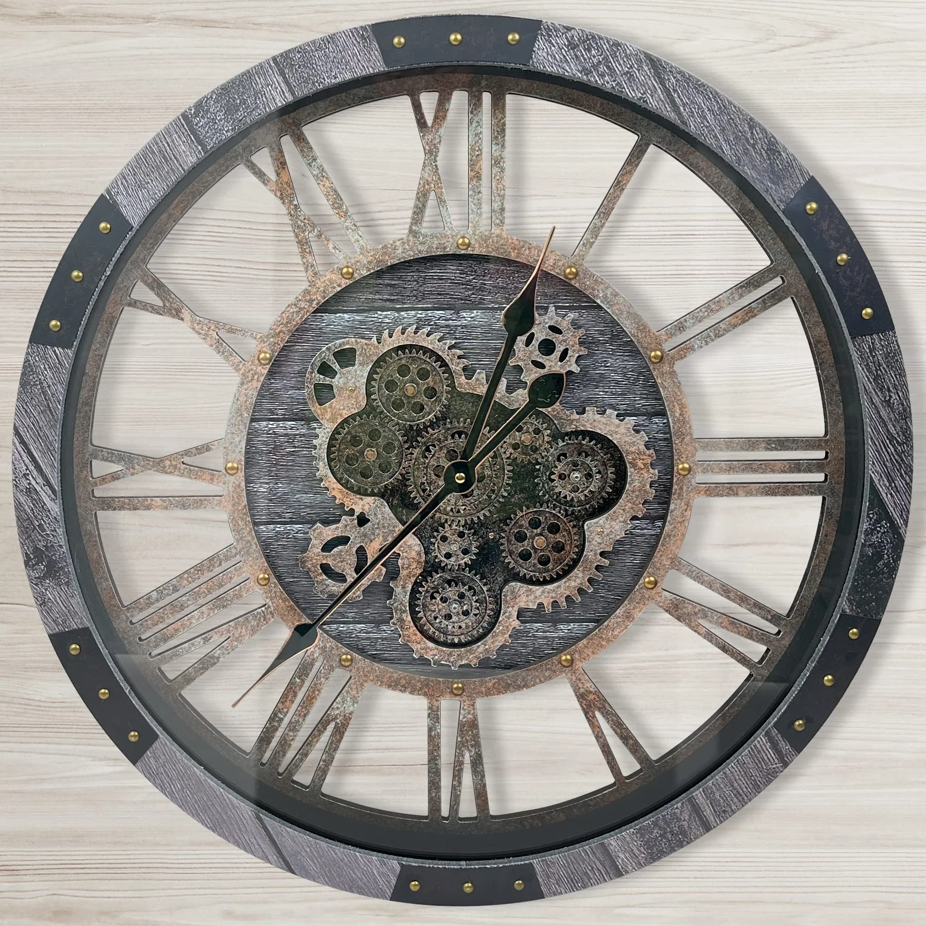 DORBOKER 60CM Große Vintage Wanduhr mit Beweglichen Zahnrädern, Retro Holz Gehärtete HD-Glasabdeckung, XXL Antike Steampunk Industriell Wanduhr für Büro Wohnzimmer Bar (Kohlenstoff Grau，24 Zoll)