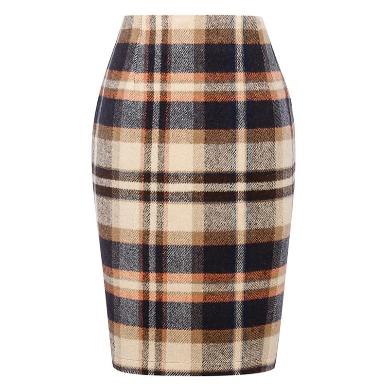 FUNSEED Karierte Röcke für Damen, für Herbst und Winter, knielang, Bleistiftrock mit Reißverschluss, Business-Casual-Stil