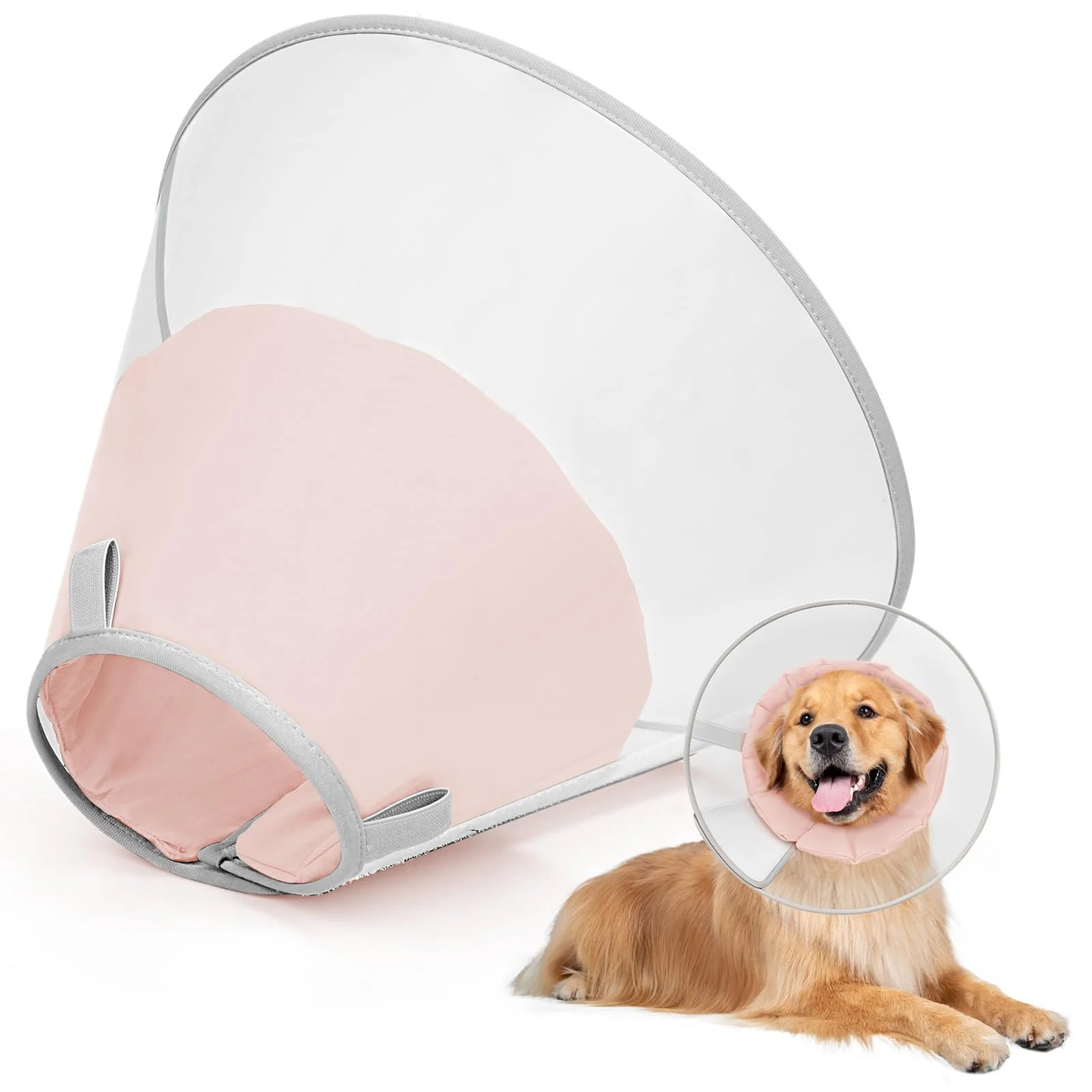 Supet Halskrause Hund zum Verhindern des Leckens mit weichem Polster, klare Elizabeth-Recovery-Halskrause nach Operation, Alternative Kopfkrause für große, mittlere und kleine Hunde(Hellrosa,XL)