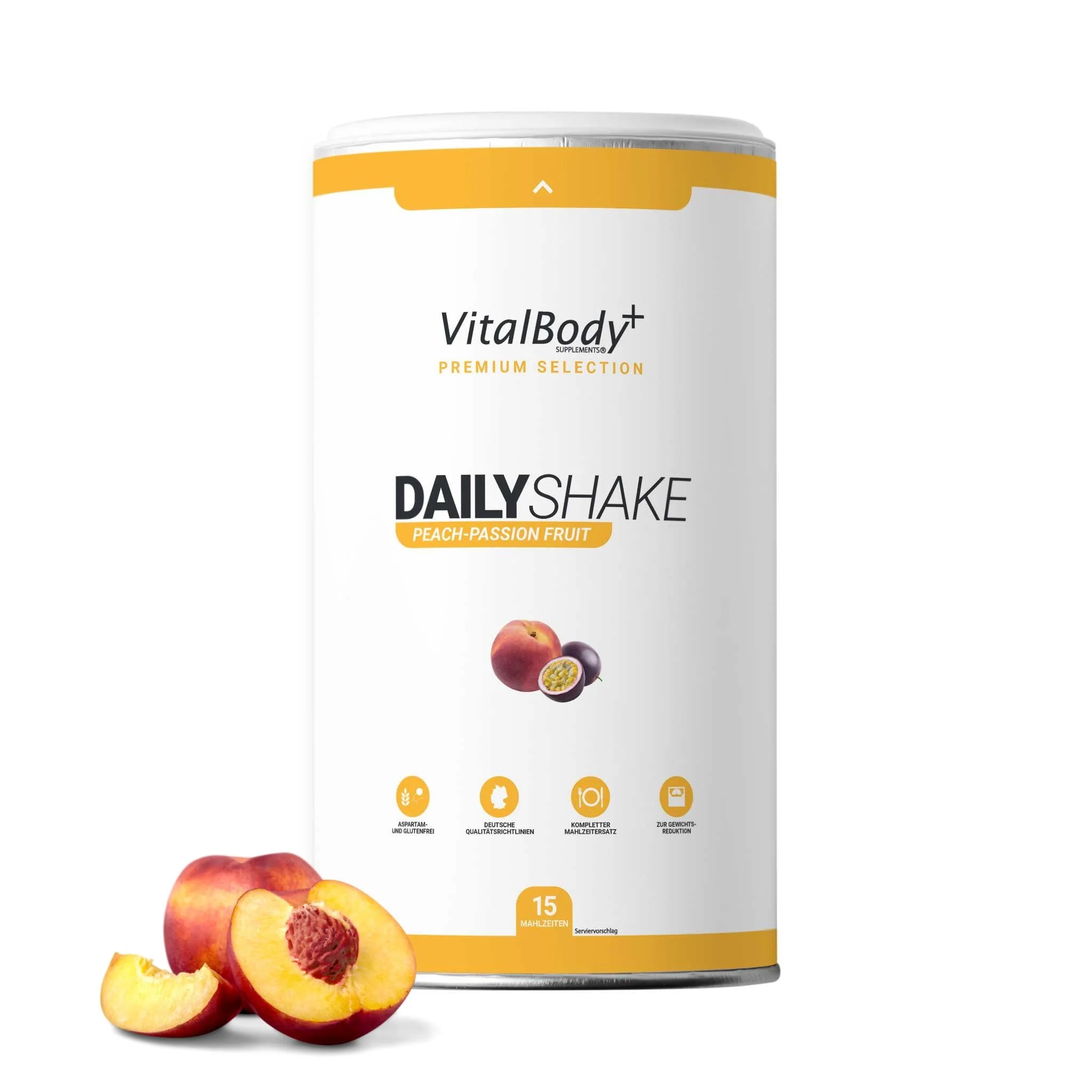 VitalBodyPLUS DailyShake, Peach-Passion Fruit, 450 g, Mahlzeitenersatz-Shake zum Abnehmen, 15 Mahlzeiten vollwertig & kalorienarm ersetzen