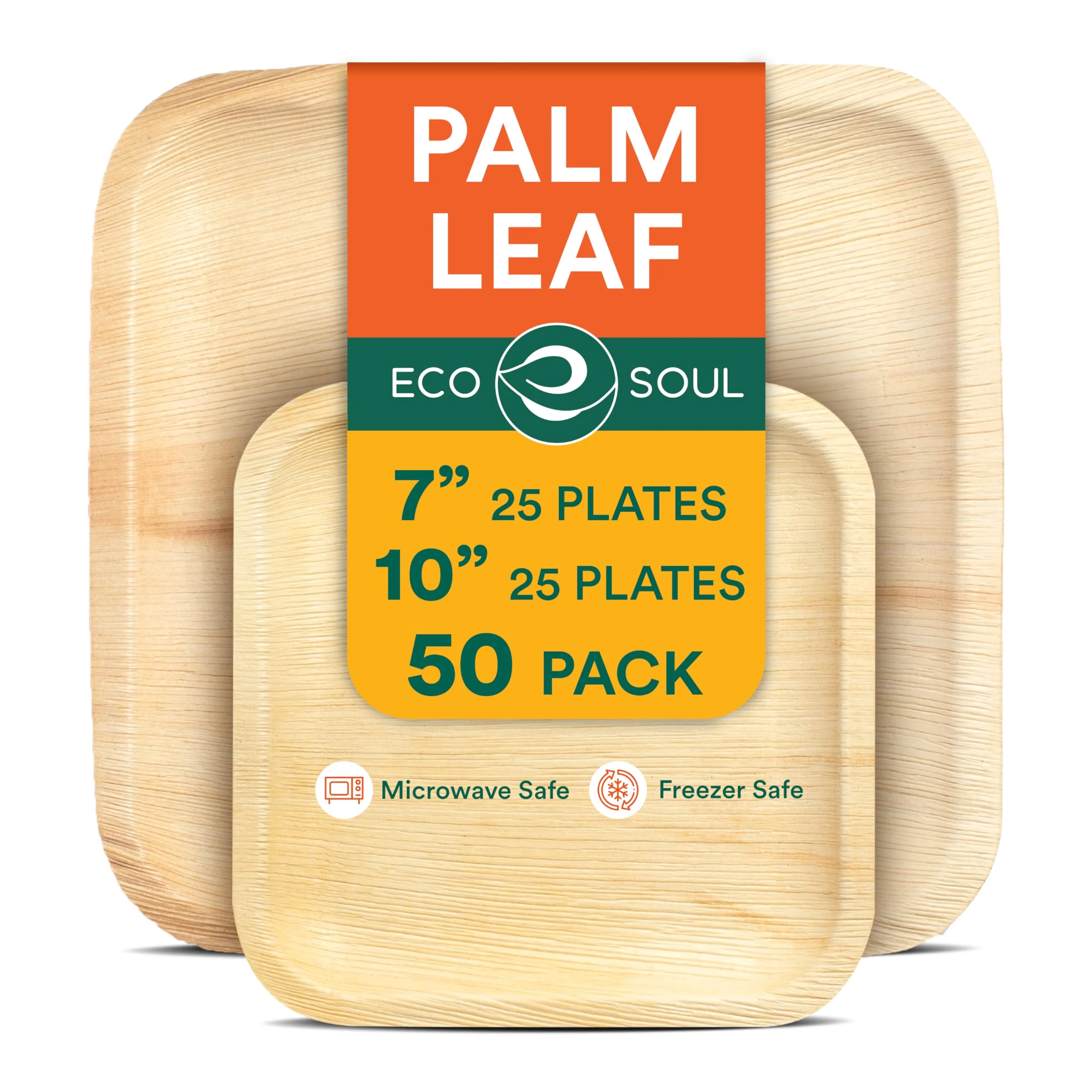 ECO SOUL Kompostierbare quadratische Palmblatt-Teller, 17,8 cm und 25,4 cm, wie Bambus-Teller, biologisch abbaubar, umweltfreundlich, mikrowellen- und ofenfest, Party-Set, 50 Stück