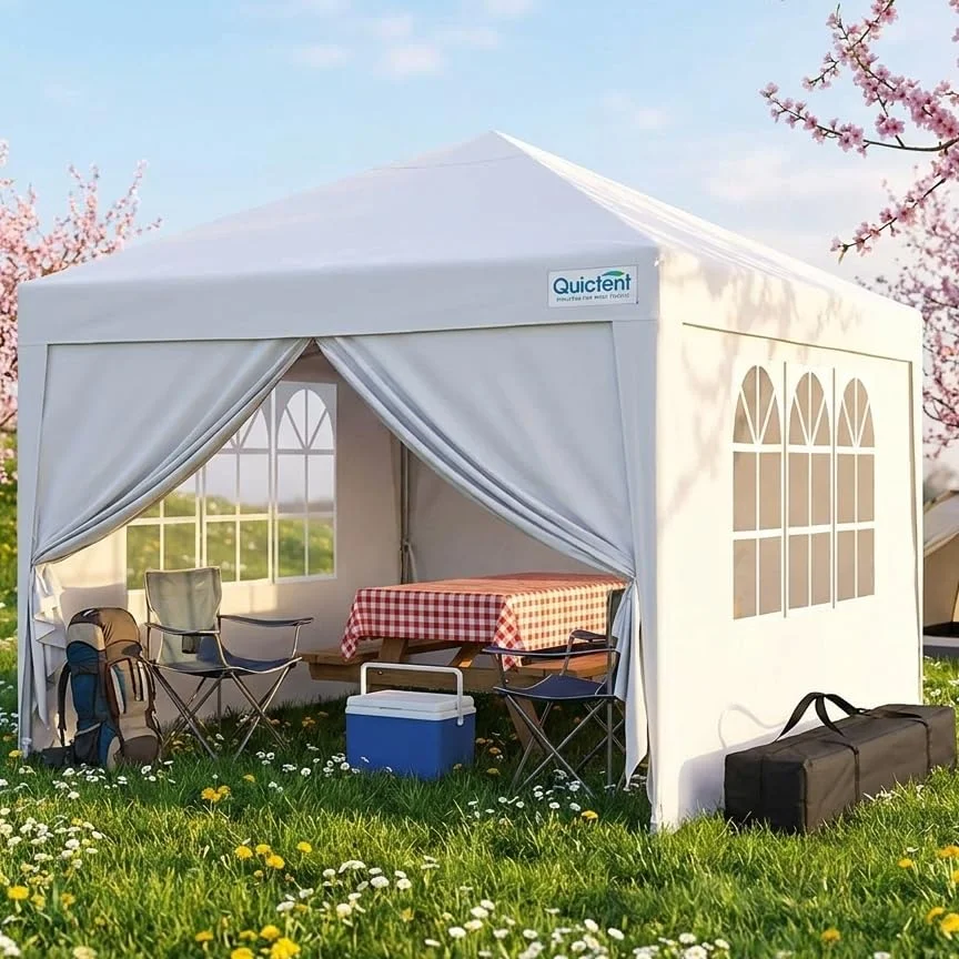 Quictent Pavillon 3x3m Faltpavillon mit 4 Seitenteilen, Wasserdicht Gartenpavillon mit 4 Sandsäcken & Rolltasche,Partyzelt Gartenzelt für Fest und Flohmarkt, Weiß