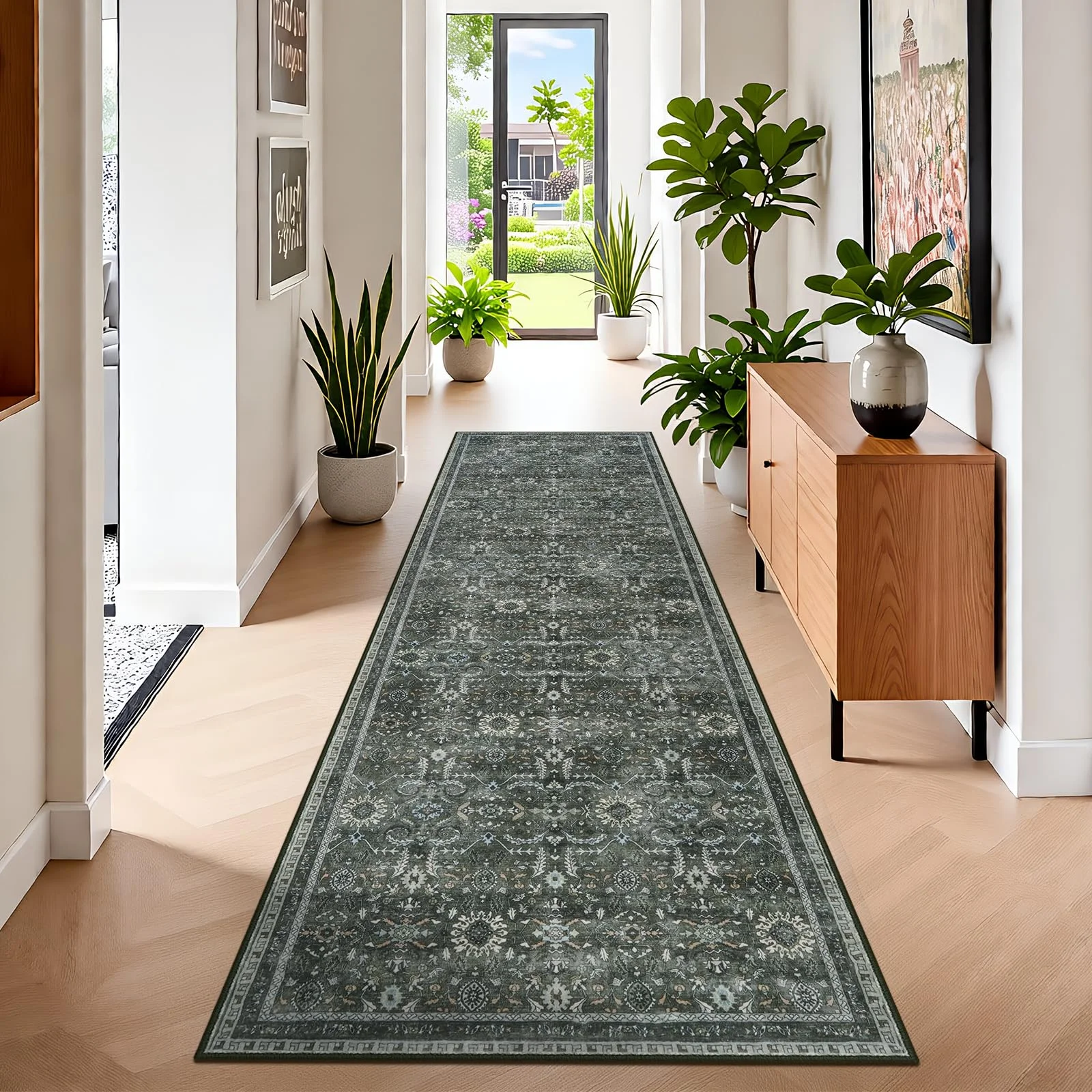 IMIYOKU Läufer Flur rutschfest Vintage 65x240 Waschbar Flurteppich Lang Grüner Teppich Flur Eingangsbereich Boho Läufer Schlafzimmer Küche Kurzflor Teppich