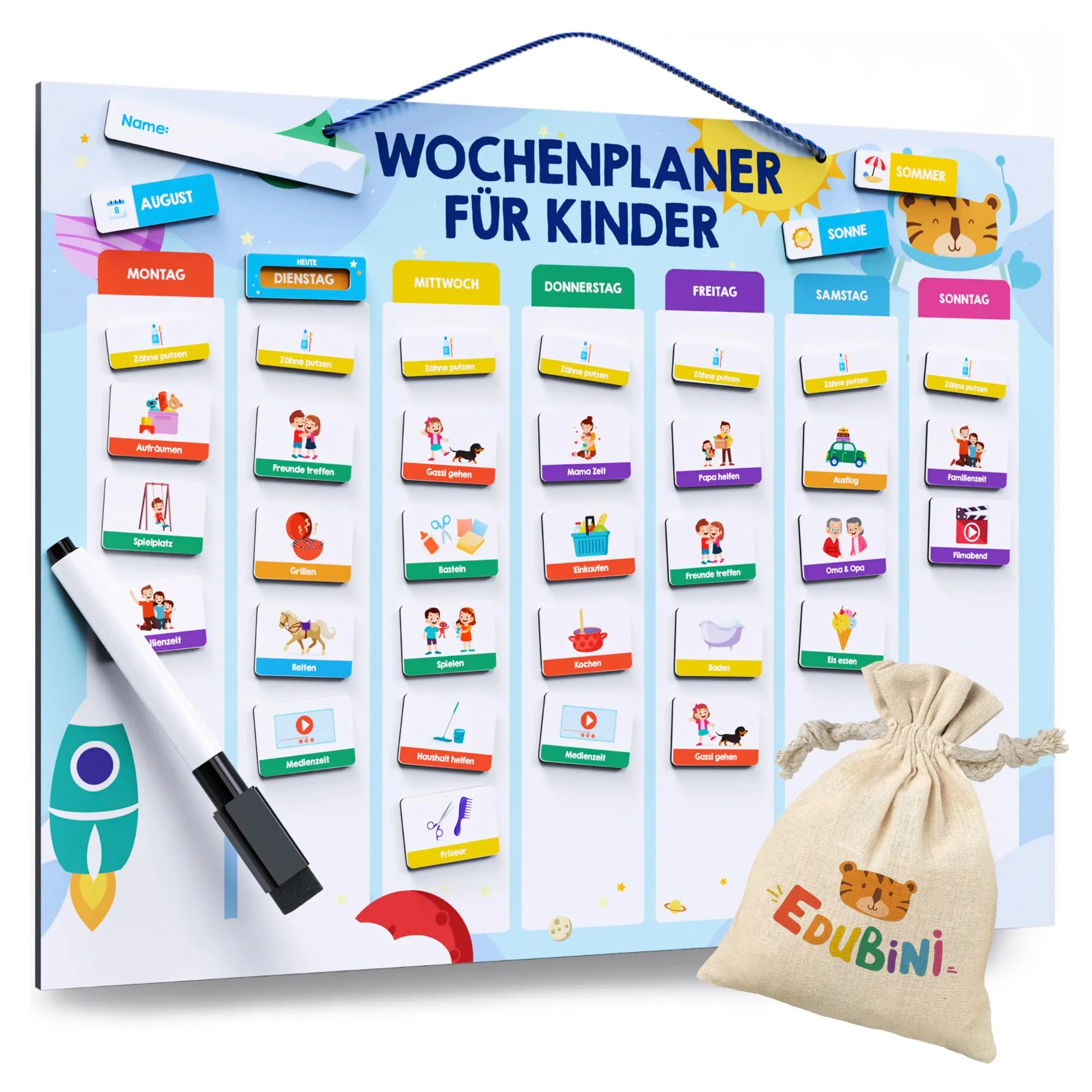 Edubini Wochenplaner Kinder - [223 Magnete + 150 Sticker] - Routine Planer Kinder für Struktur im Alltag - Montessori Magnettafel, Tagesplaner, Aufgabentafel, Belohnungstafel - (inkl. Tasche, Stift)