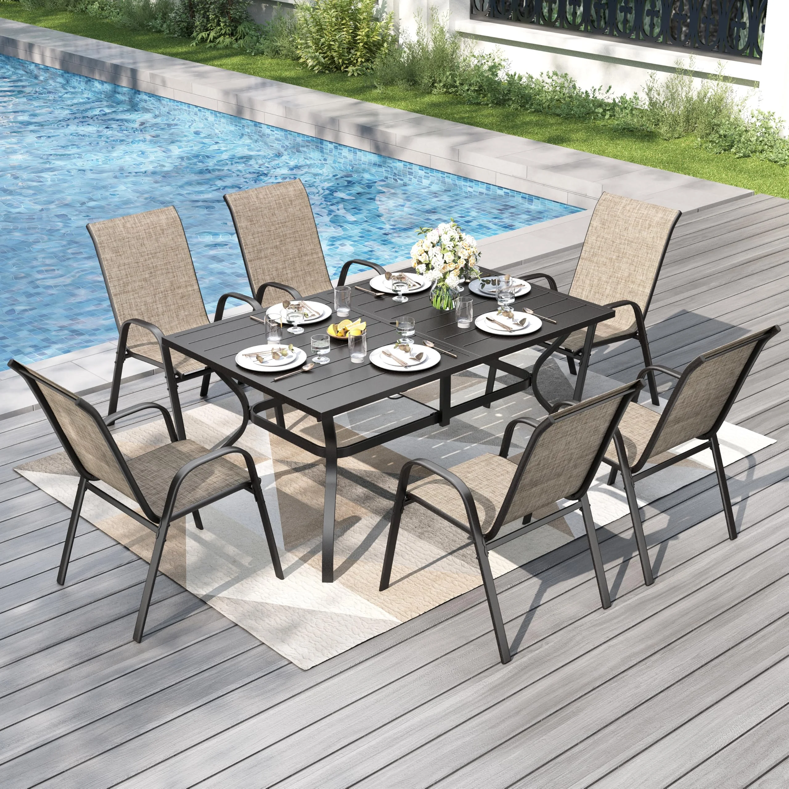 PHI VILLA 7-teiliges Gartenmöbel Set, Terrassenmöbel Outdoor mit 1 Rechteckig Gartentisch und 6 Textilene Stapelstühlen, Wetterfest E-Beschichtung Metall Gartenset für Hinterhof Veranda Poolbereich