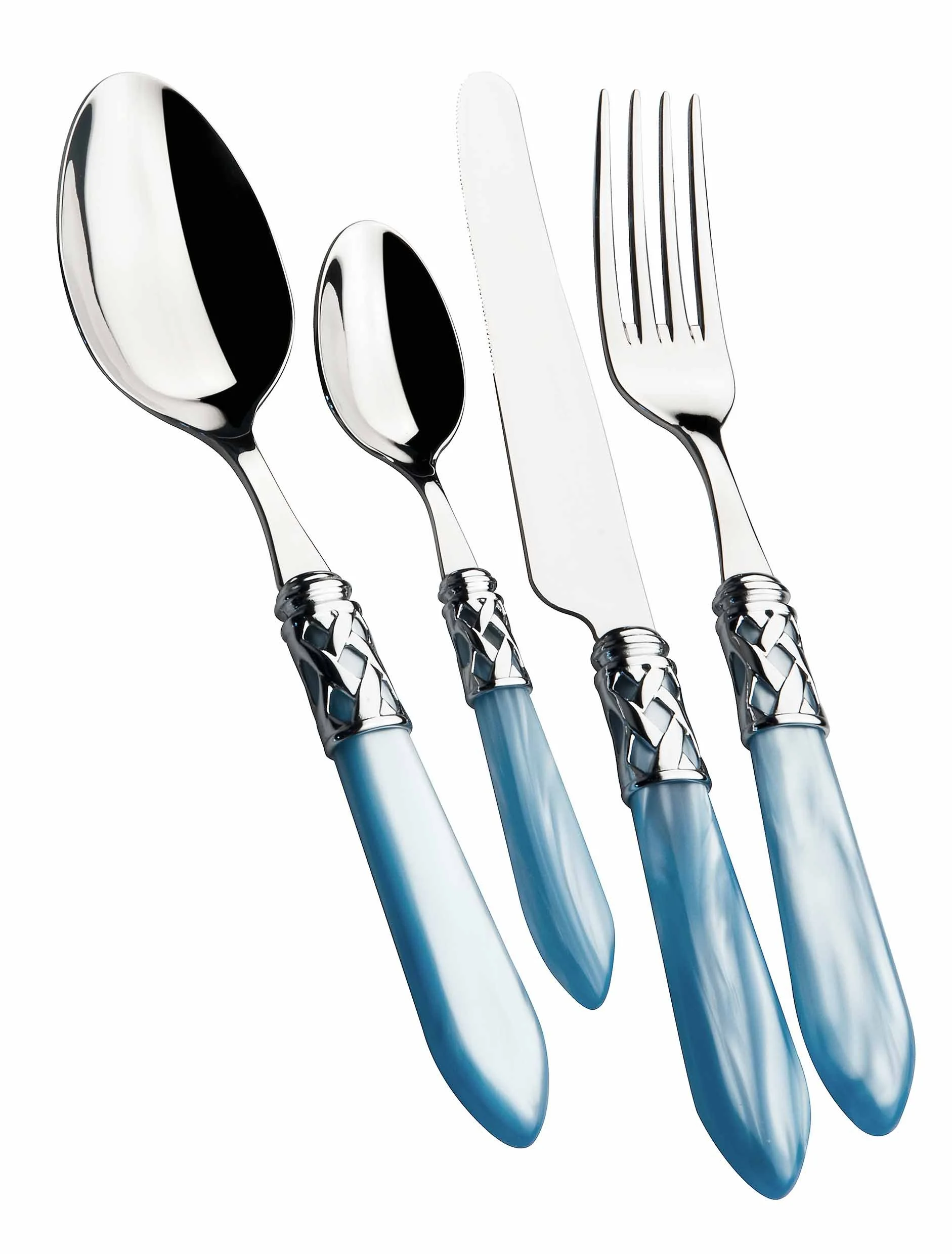 BUGATTI, Aladdin, 24-teiliges Besteck-Set aus Edelstahl 18/10, verchromtem Ring und hellblauem Griff mit Perlmutt-Effekt. Besteckset für 6 Personen: 6 Löffel, 6 Gabeln, 6 Messer und 6 Kaffeelöffel