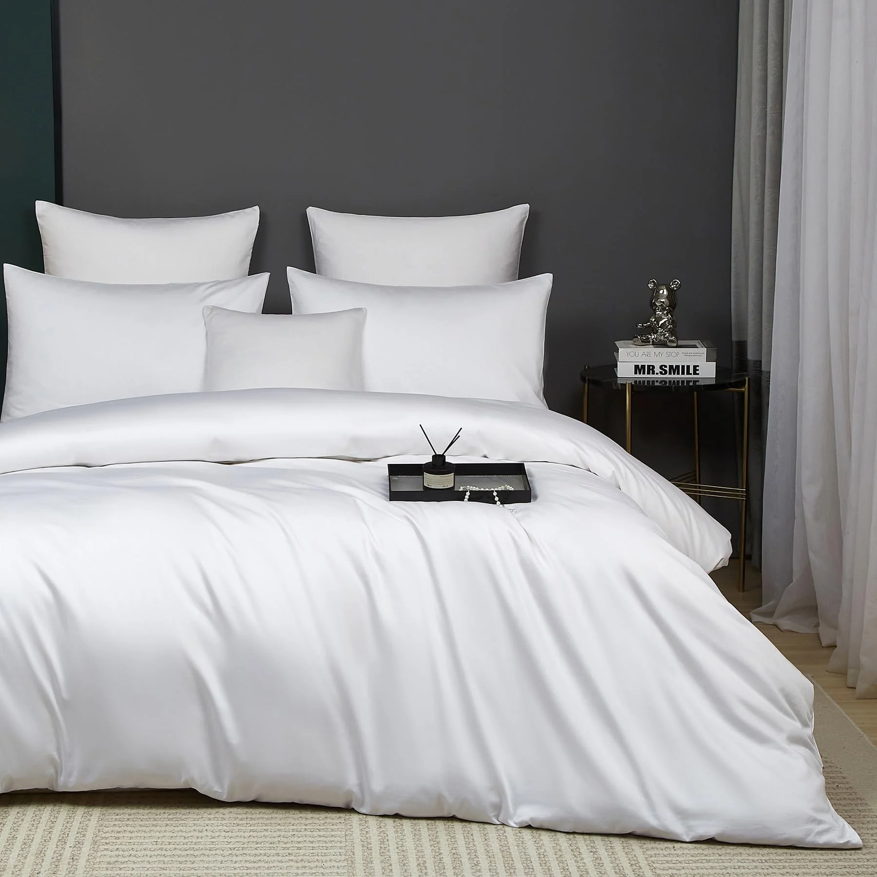 Luofanfei Mako Satin Baumwolle Bettwäsche 200x200 Weiß Kühlend Glatt Muster Atmungsaktiv Bettwäsche Set Weich und Bügelfrei Uni Bettbezug und 2 Kissenbezüge 80x80 cm