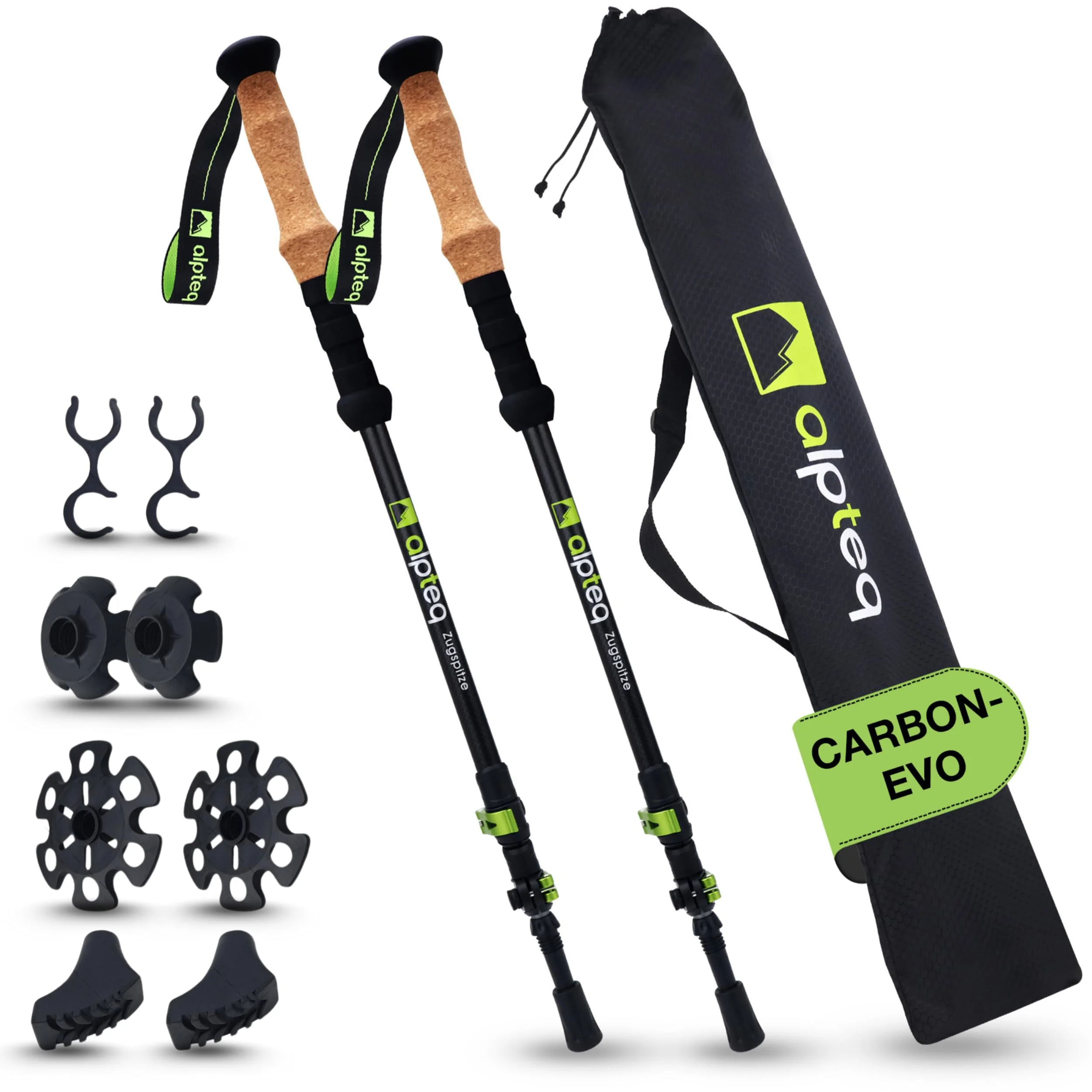 Alpteq Carbon Wanderstöcke Teleskop – Ultraleichte Trekkingstöcke Kohlenstofffaser & Aluminium für Damen, Herren & Kinder | Verstellbar 65–135 cm | Nordic Walking Stöcke mit ergonomischem Griff