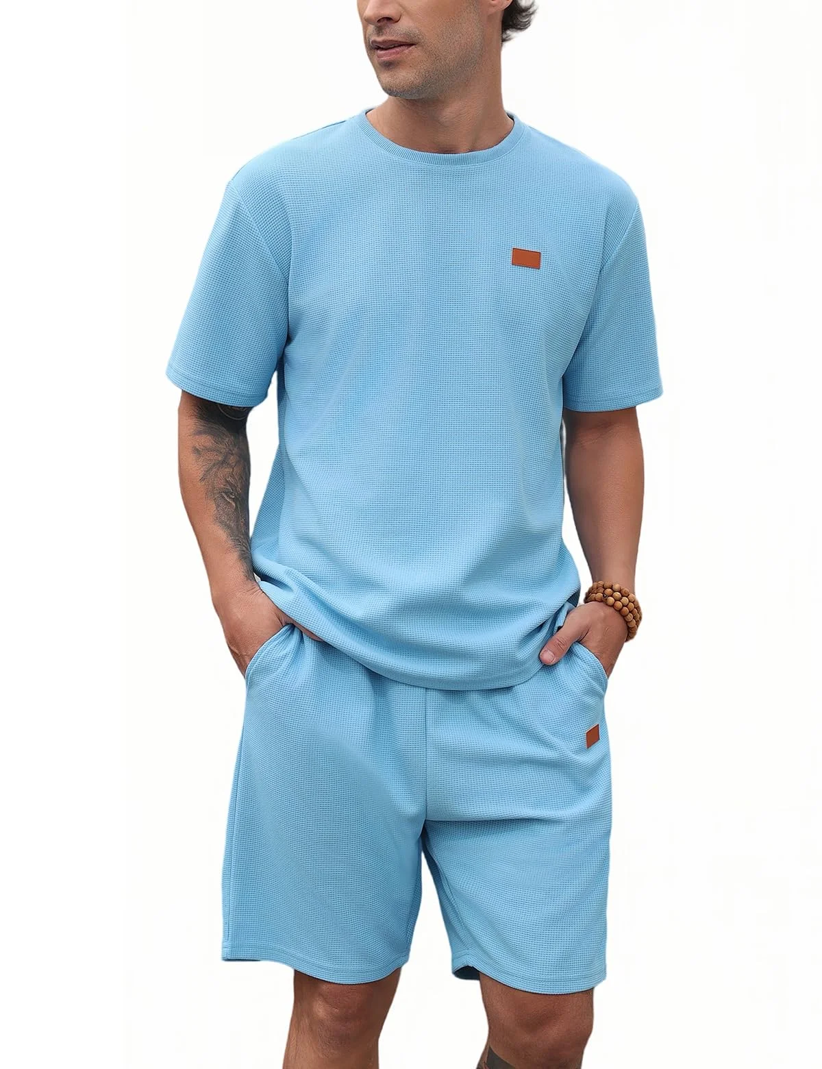 SPKPKEY Herren 2-Teilig Waffelstrick Trainingsanzug Set Kurzarm T-Shirt & Shorts Freizeit Sommer Loungewear Outfit