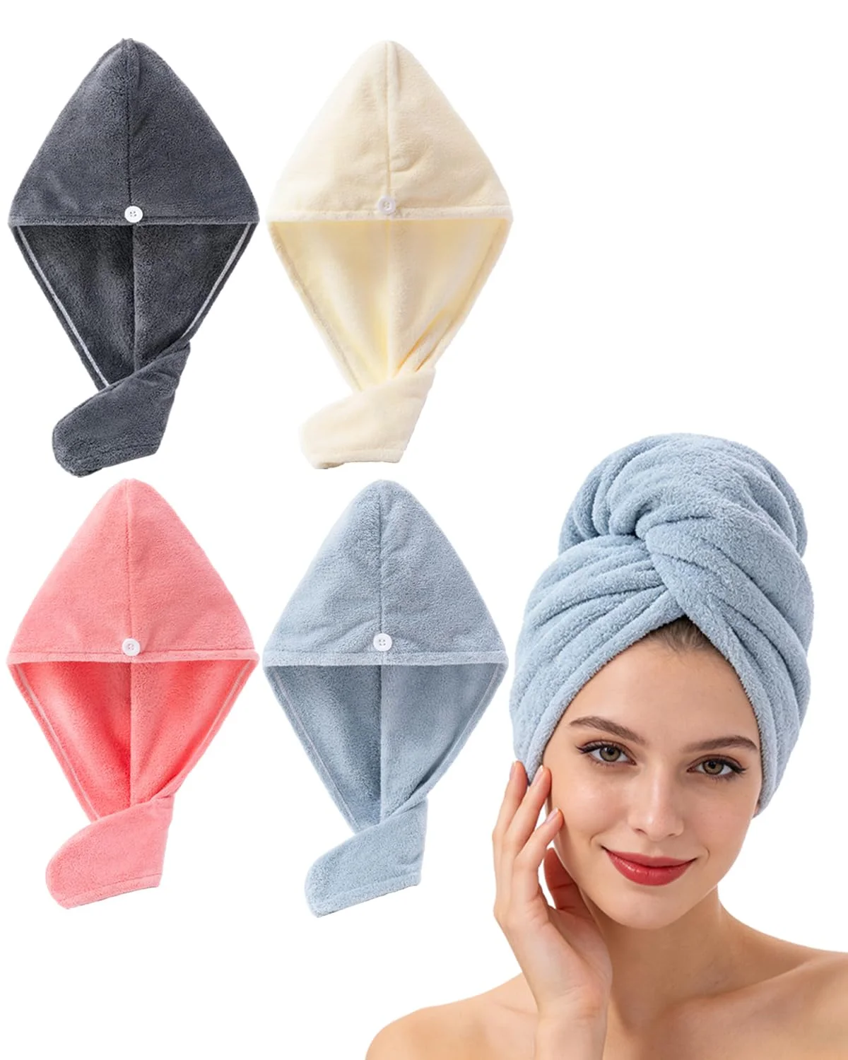 Lumimi 4 Stück Set Haarhandtuch Turban Mega Weich Extra Saugfähig Schnell Trocken Ganz Sanft Praktisch mit Knopf Rosa Hellblau Dunkelgrau Weiss