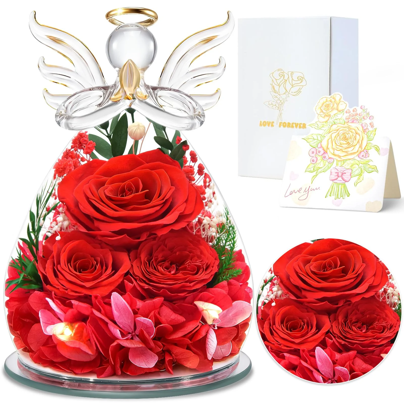 YiHuaHua Ewige Rose Engel Geschenke für Mama, Geburtstagsgeschenk für Frauen, Engel Figur Mutter Oma Freundin Geschenk Valentinstag Jahrestag Sie, Geschenk Muttertag Ewige Blume mit LED-Beleuchtung