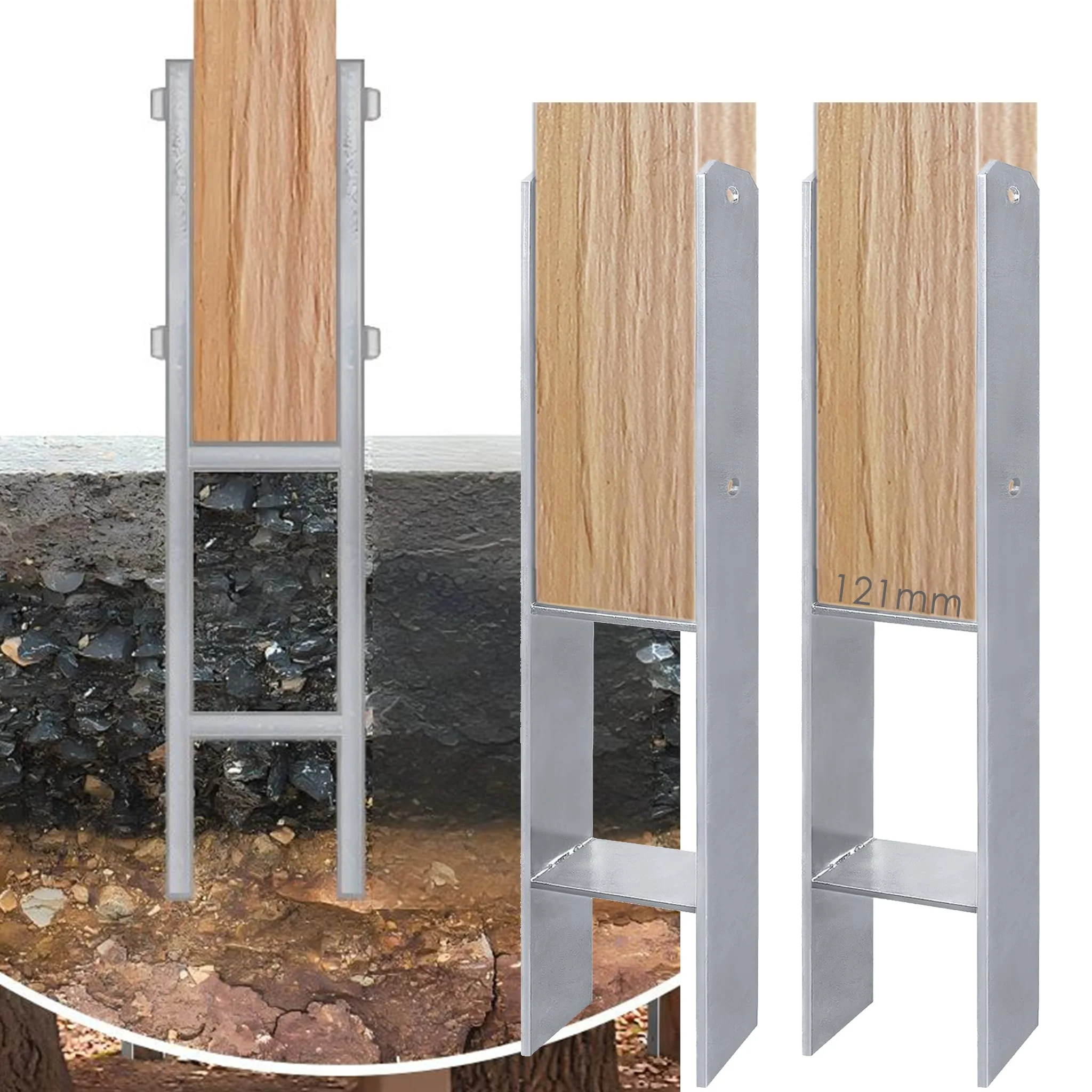 YRHome 6 Stück H Pfostenanker H-anker Pfostenträger für Zaun,Gewächshaus,Carports,Materialstärke 5mm, Gesamthöhe 600 mm Bodenanker (121x600mm)