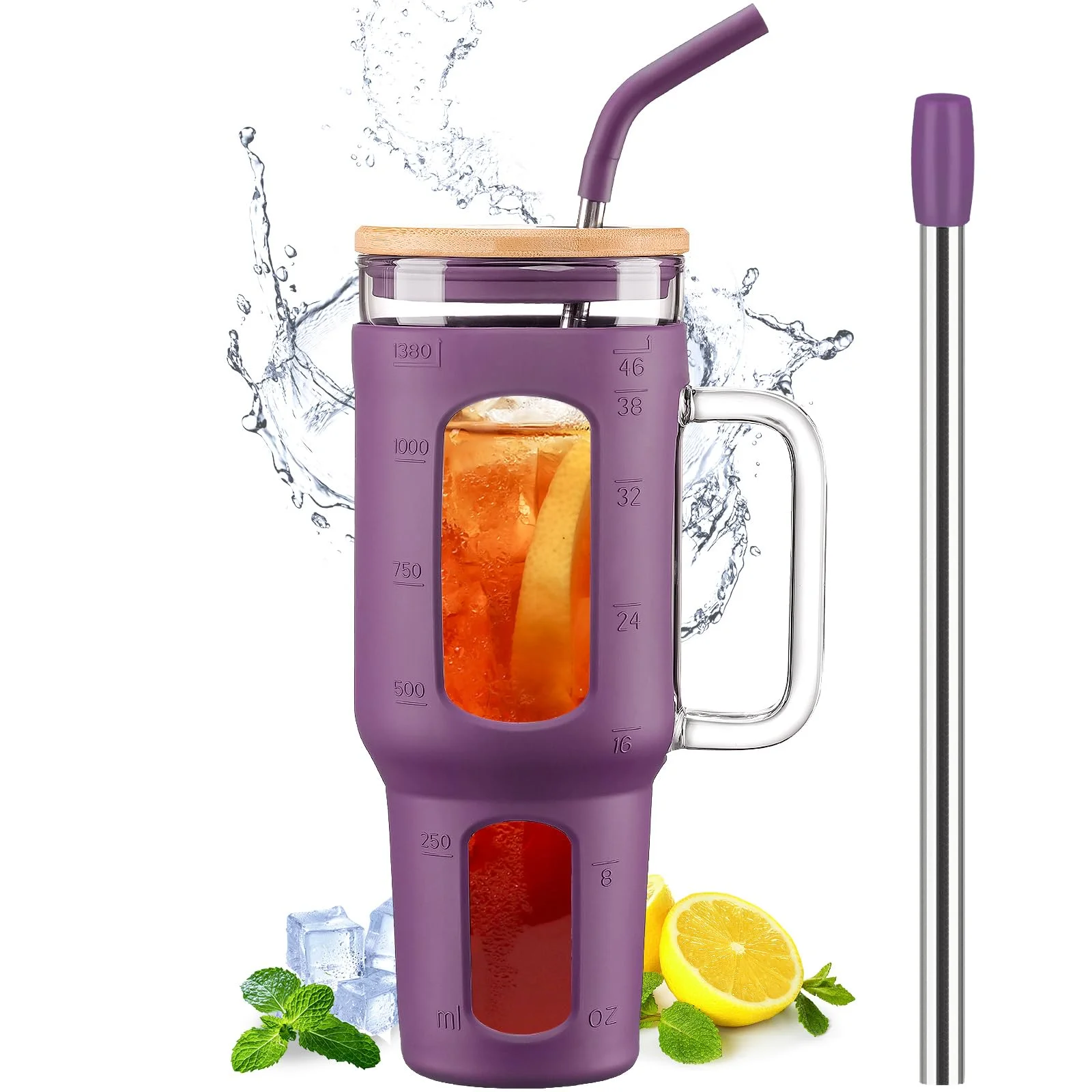 BLUEGO Tumbler becher mit Deckel und Strohhalmen, 1400ml Kaffeebecher To Go mit Henkel, Trinkbecher mit Silikonhülle, 1,4 L Tumbler becher mit 2 Strohhalmen, BPA-frei,Violett
