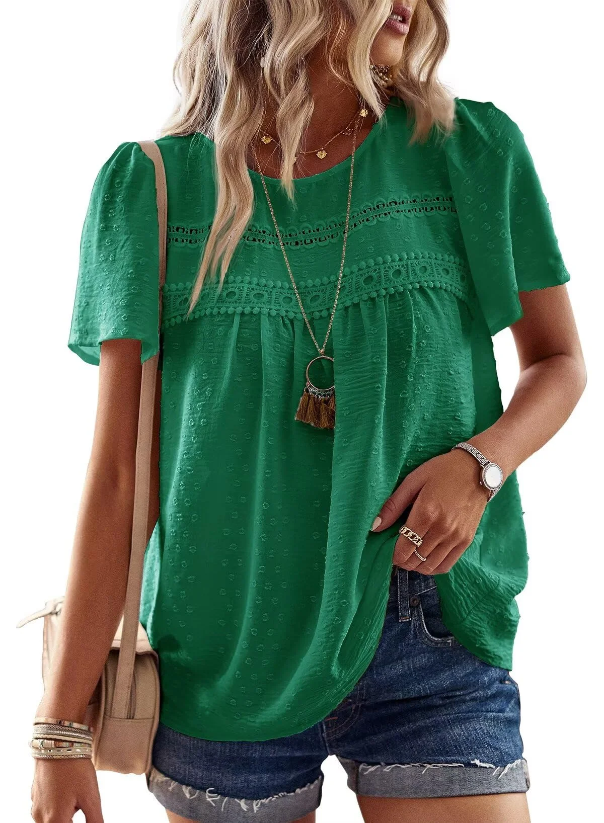 TUUHAW Top Damen Sommer Boho Bluse Kurzarm Oberteile Fließend Elegant Rundhals T Shirt Tunika Lässig Outfits Spitze Kleidung