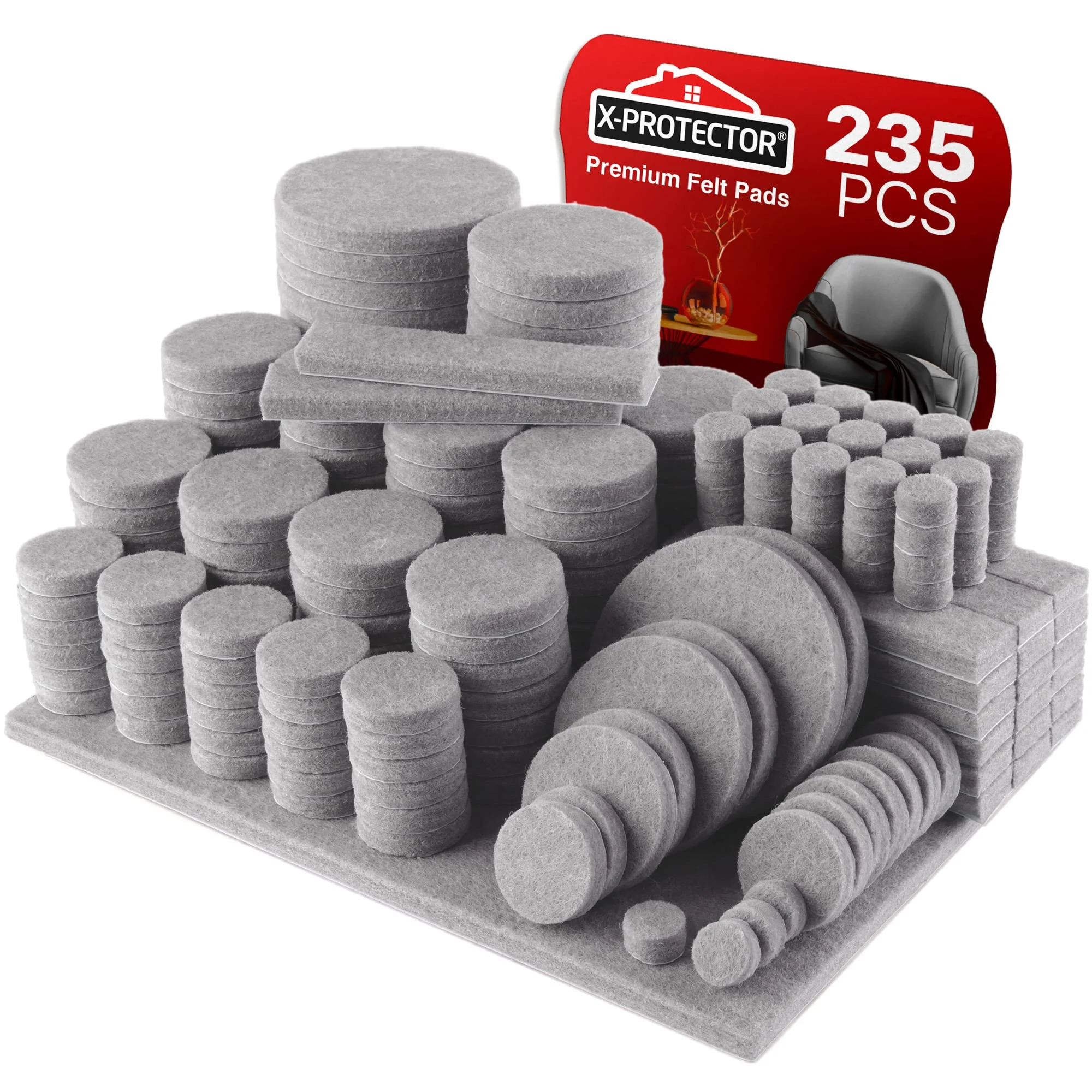 X-Protector Filzgleiter 235 Stück - Prämie Möbelgleiter Grau - Dicker Filz Selbstklebend - Bodenschoner für Stühle - Große Menge an Filzgleiter Selbstklebend - Schützen Sie Ihre Holzfußböden