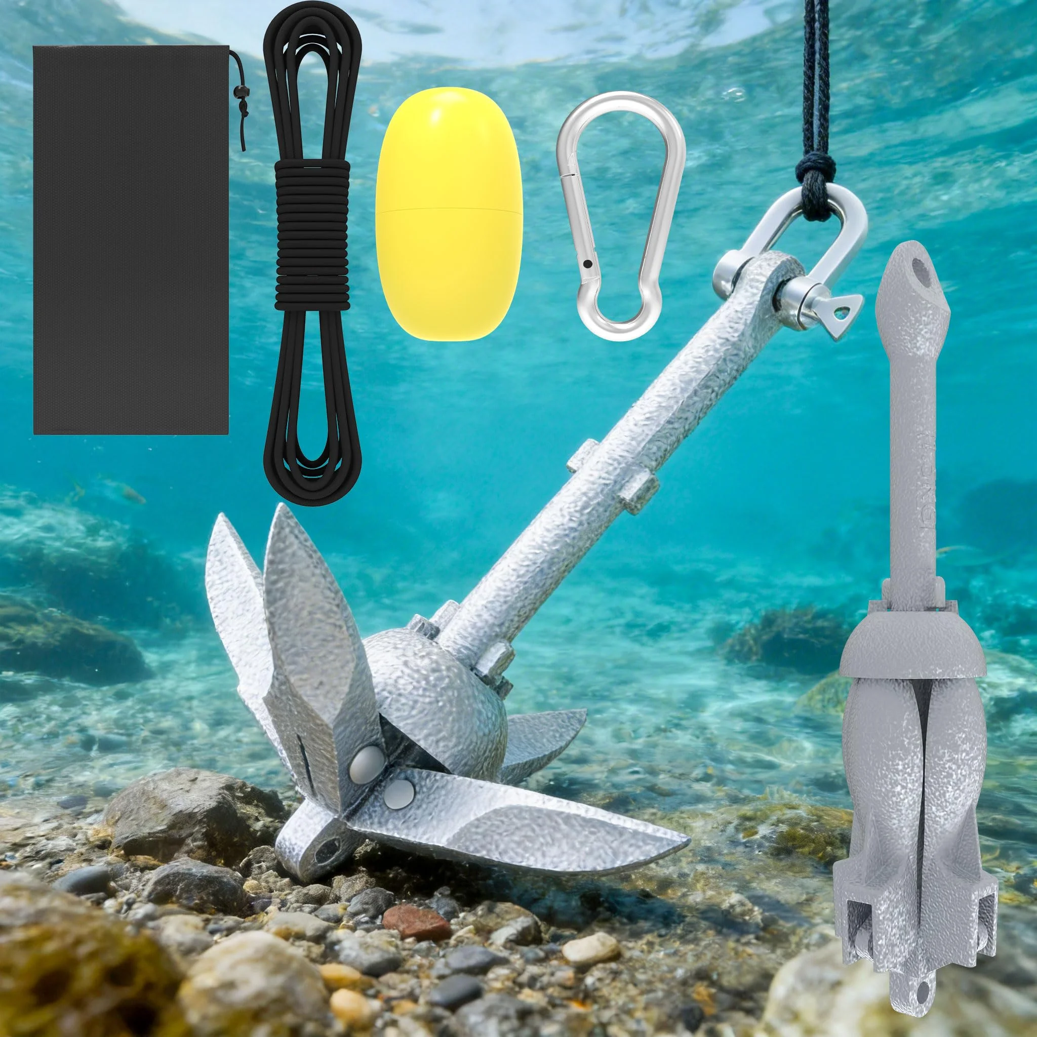 UISEBRT Bootsanker Klappanker Faltanker aus Feuerverzinktem Gusseisen 0,7/1,5kg mit 10m Ankerseil, Karabiner, Boje und Wasserdichter Transporttasche für Schlauchboot, Kajak, SUP, Kanu