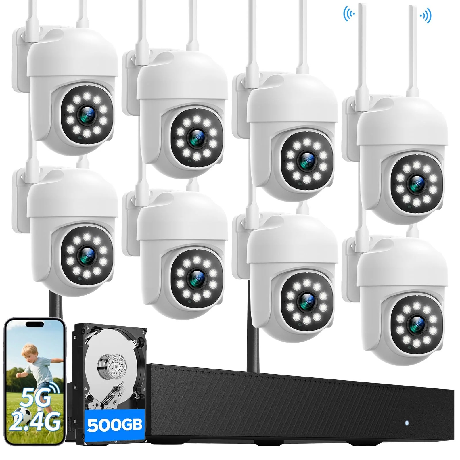 CAMCAMP Überwachungskamera Aussen Set, Kamera überwachung wlan 2.4&5G WiFi, 24/7 Aufnahme, 16CH NVR 500GB, Automatische Verfolgung, Farbe Nachtsicht, 2-Wege Audio, 8er PTZ Kameras videoüberwachung kit