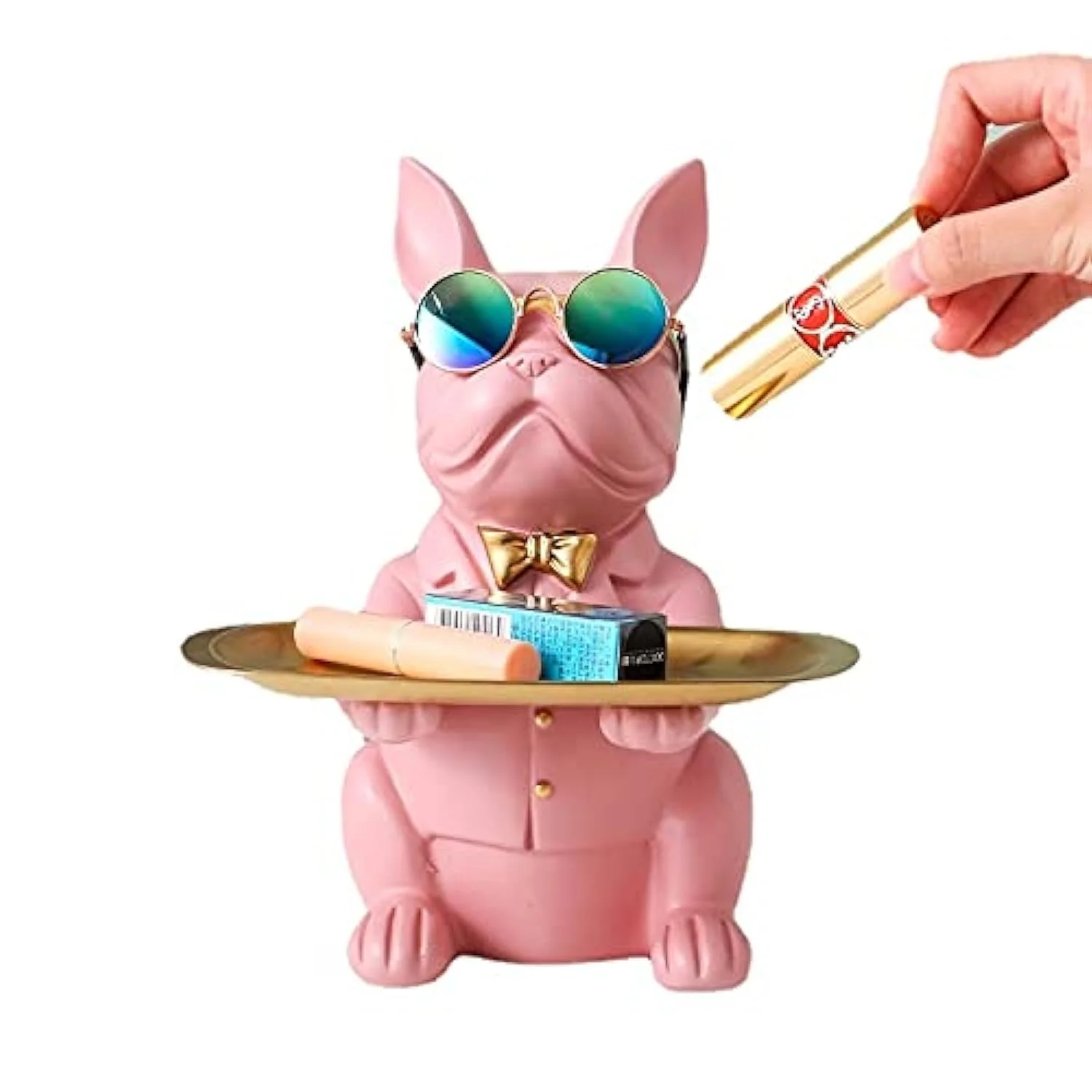 Deko Skulptur Bulldogge, Schlüsselschale Modern Schwarz, Schlüsselablage Flur, Deko Figuren Wohnzimmer, Hundefigur Deko, Französische Bulldogge Aufbewahrung für Flurdeko und Wohnzimmer (Rosa)