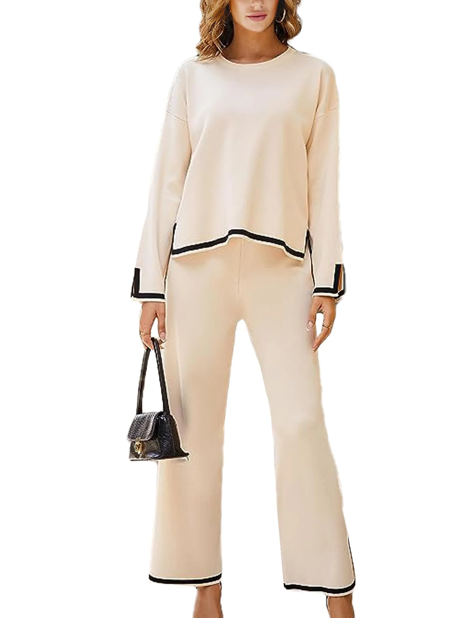 Woolicity Two-Piece Women's Leisure Suit Langarm Strickpullover Ribbed Knitted Jumper with Lange Hose mit Weites Bein Elastische Taille Lounge Set Freizeit Outfit