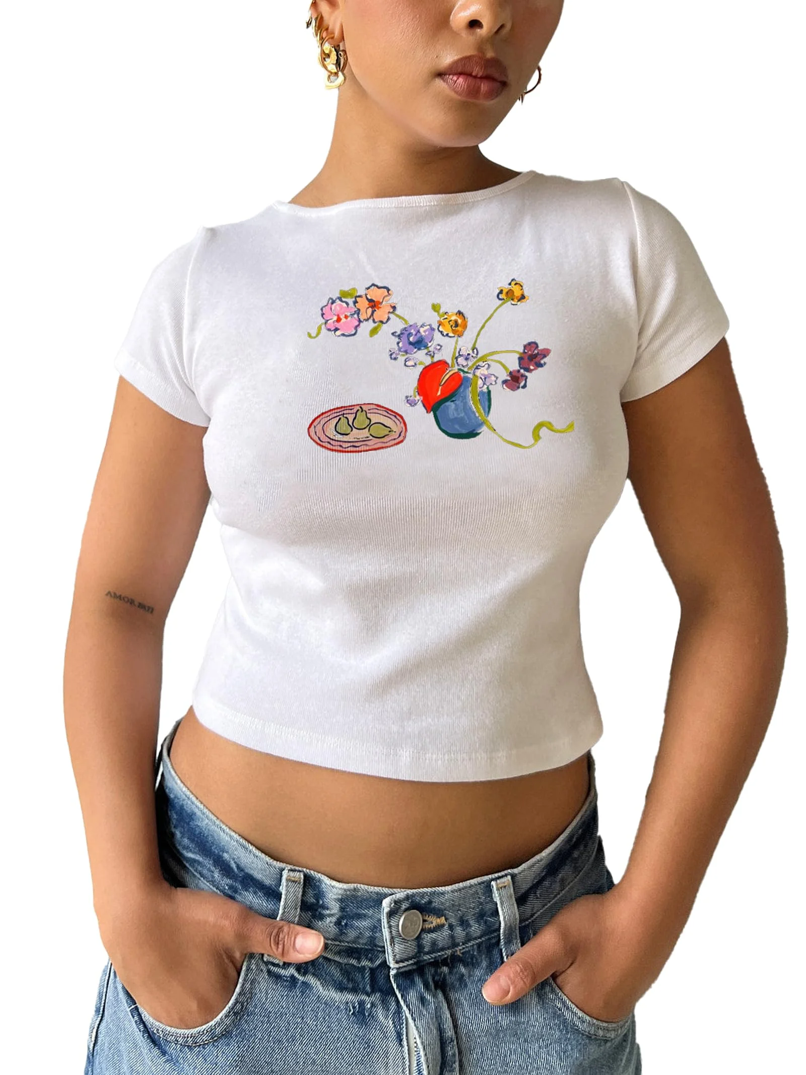 Y2k Top Damen T-Shirt Baby Tees Shirt Y2k Crop Top Kurzarm Slim Fit Weisses Tshirt E-Girls Vintage Oberteile Streetwear Cute Tops Teenager Mädchen